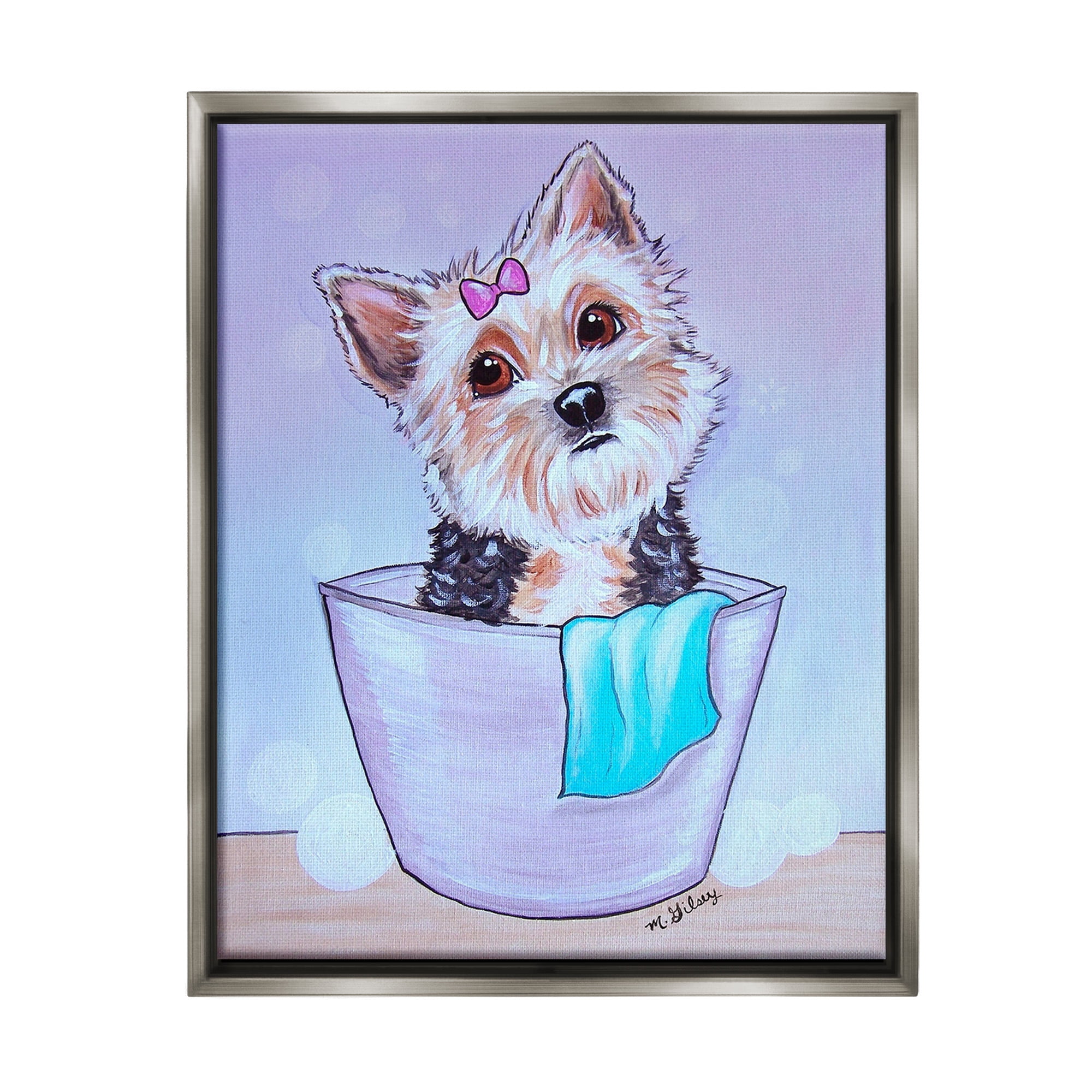 Stupell Industries Terrier with Soap Bubbles Animals & Insects Painting Gray Floater Framed Canvas Art Print Wall Art, 25 x 31