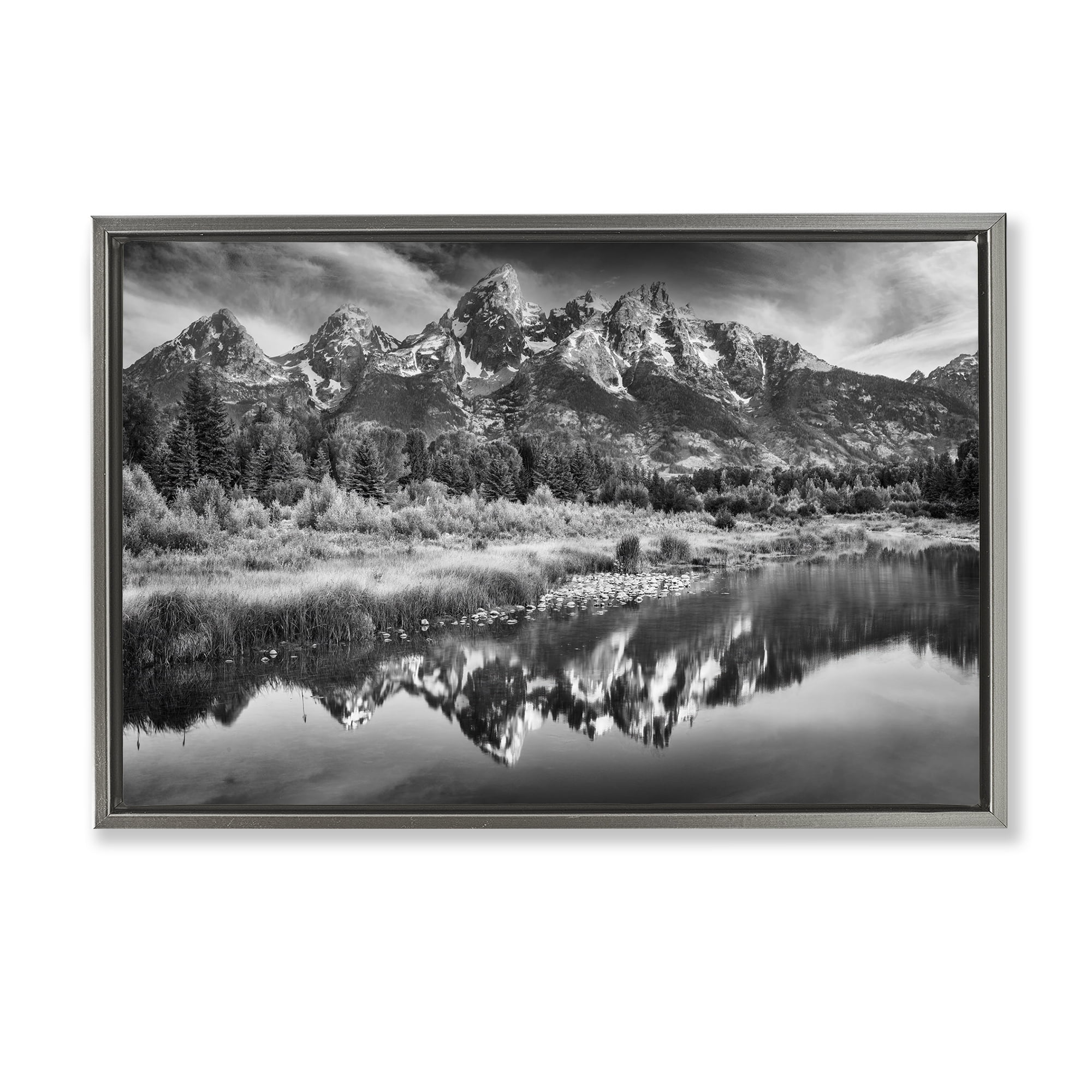 Stupell Industries Teton Mountain Reflections Gray Framed Floater Canvas Wall Art, design by Rick Berk