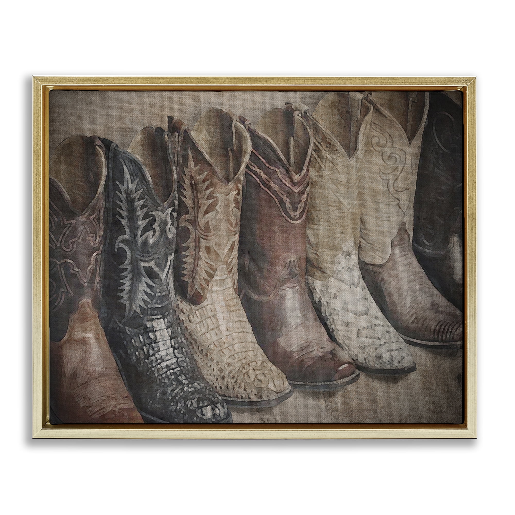 Stupell Industries Texan Lineup Boots Beauty & Fashion Photography Gold Floater Framed Art Print Wall Art, 21 x 17