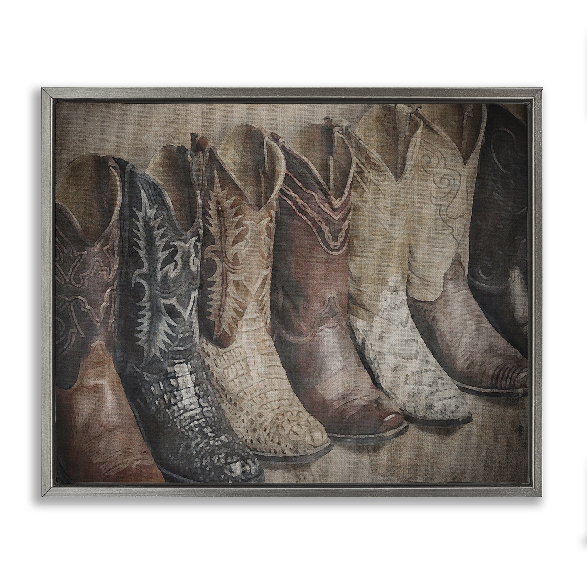 Stupell Industries Texan Lineup Boots Beauty & Fashion Photography Gray Floater Framed Art Print Wall Art, 21 x 17