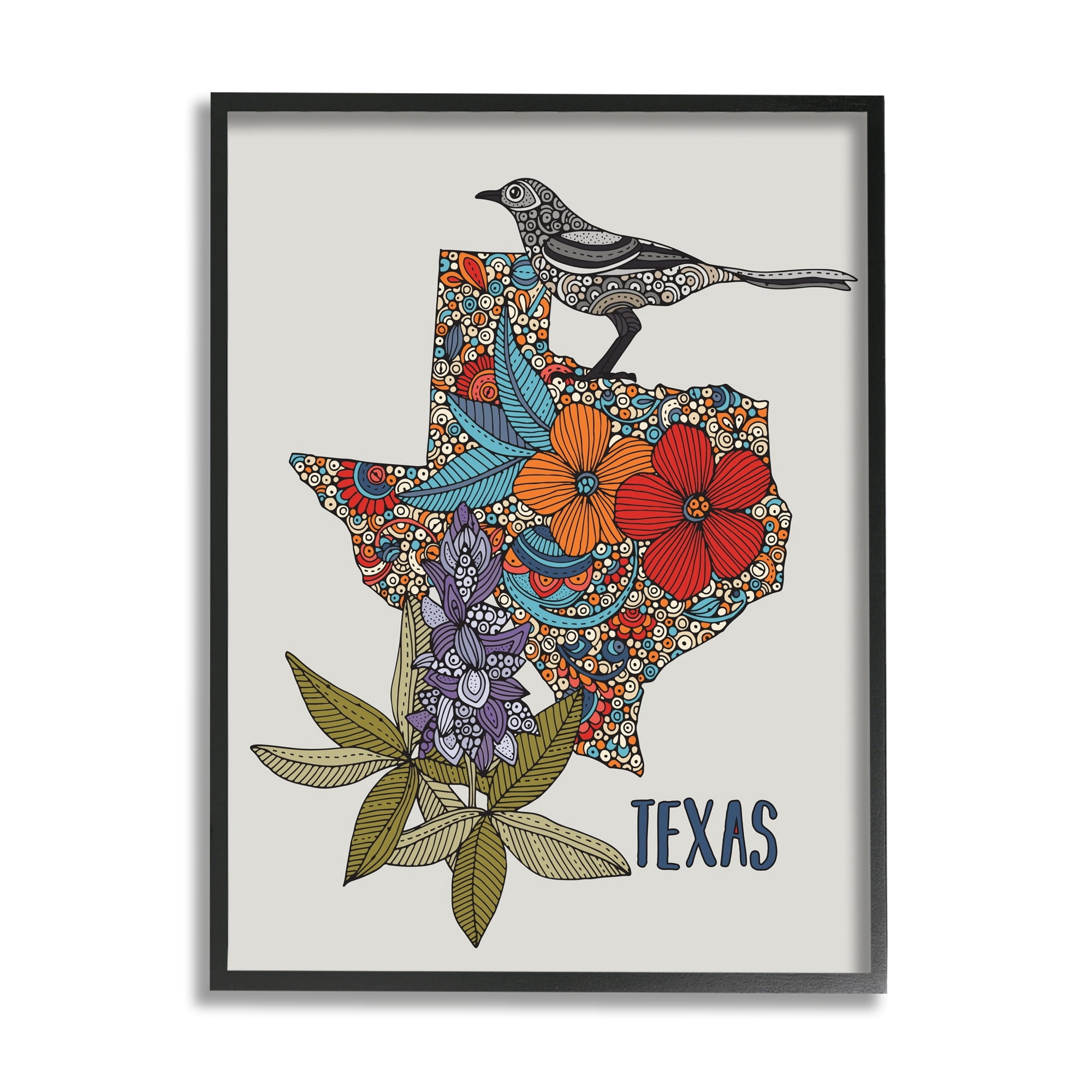 Stupell Industries Texas Bluebonnet State Bird Intricate Floral Pattern Graphic Art Black Framed Art Print Wall Art, Design by Valentina Harper
