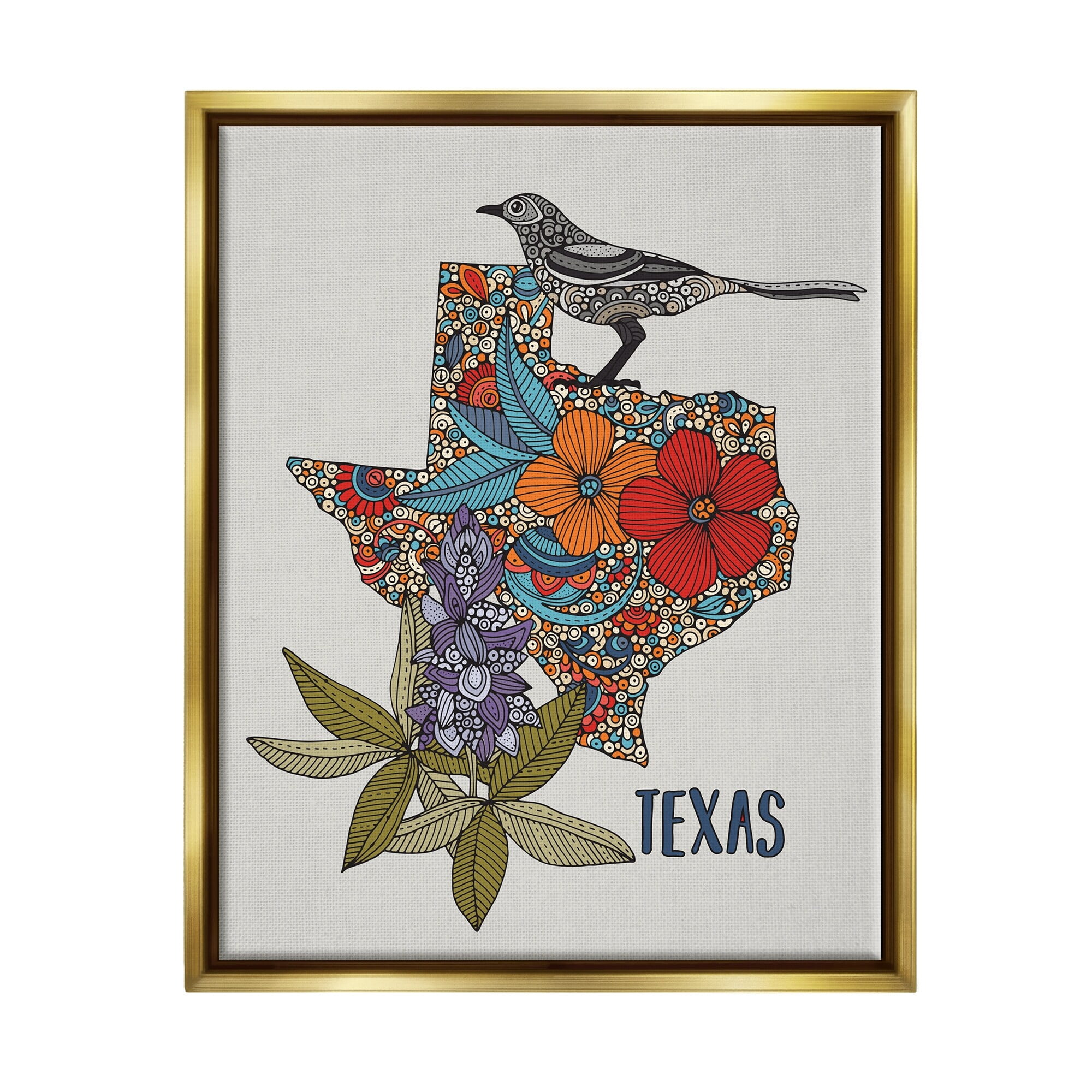 Stupell Industries Texas Bluebonnet State Bird Intricate Floral Pattern Graphic Art Metallic Gold Floating Framed Canvas Print Wall Art, Design by Valentina Harper