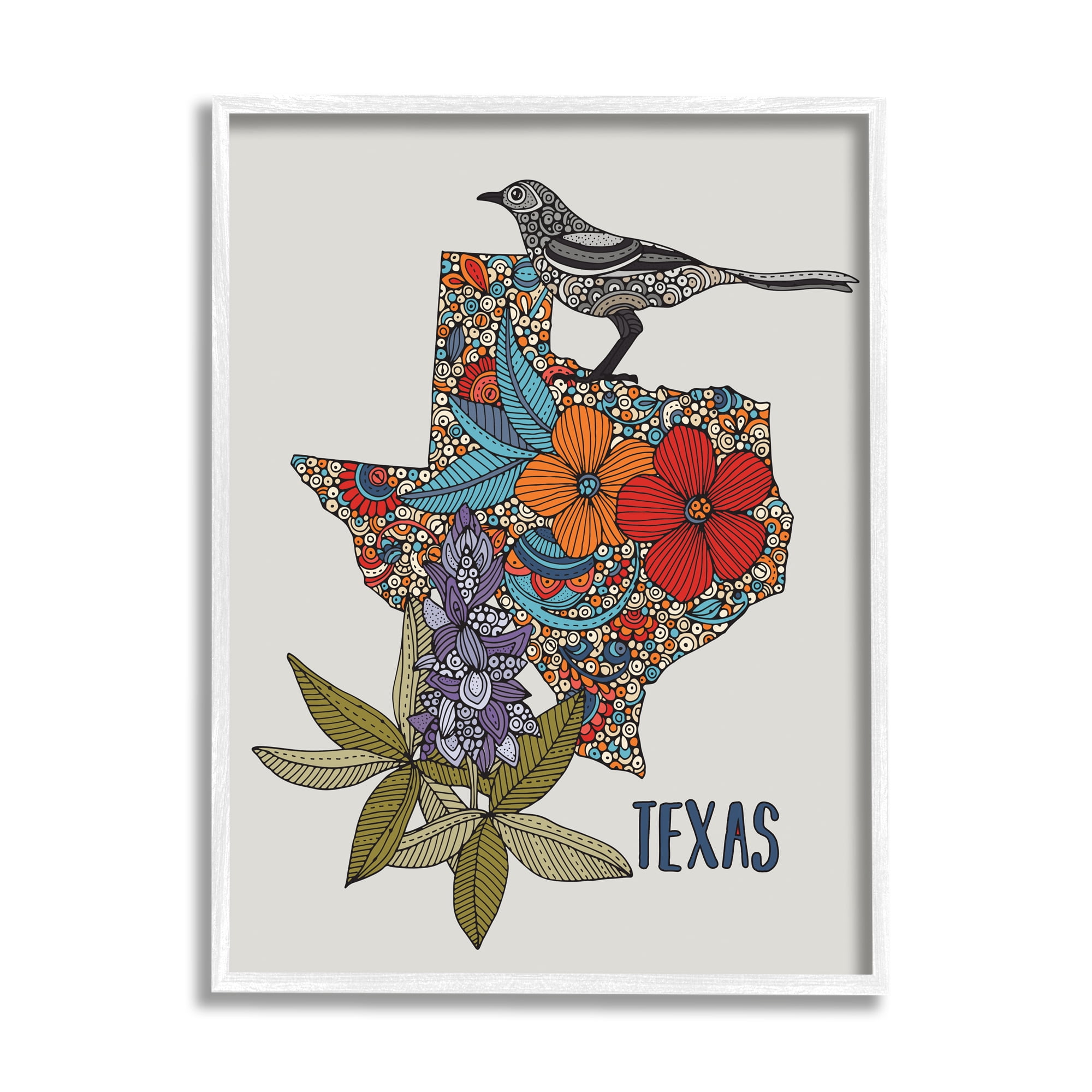 Stupell Industries Texas Bluebonnet State Bird Intricate Floral Pattern Graphic Art White Framed Art Print Wall Art, Design by Valentina Harper