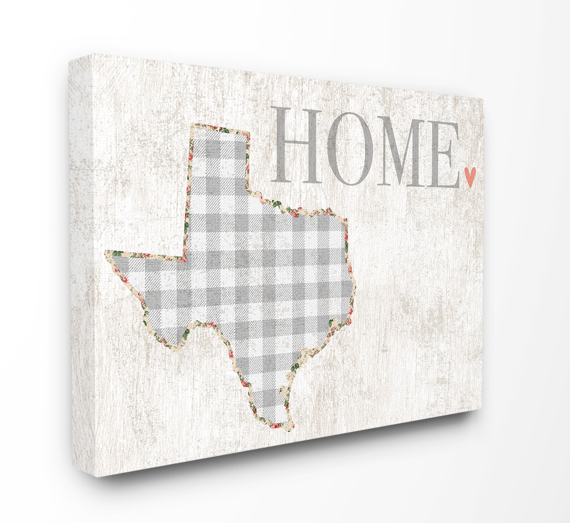 Stupell Industries Texas Grey Gingham and Floral Heart and Home Town & City Painting Gallery Wrapped Canvas Art Print Wall Art, 30 x 40