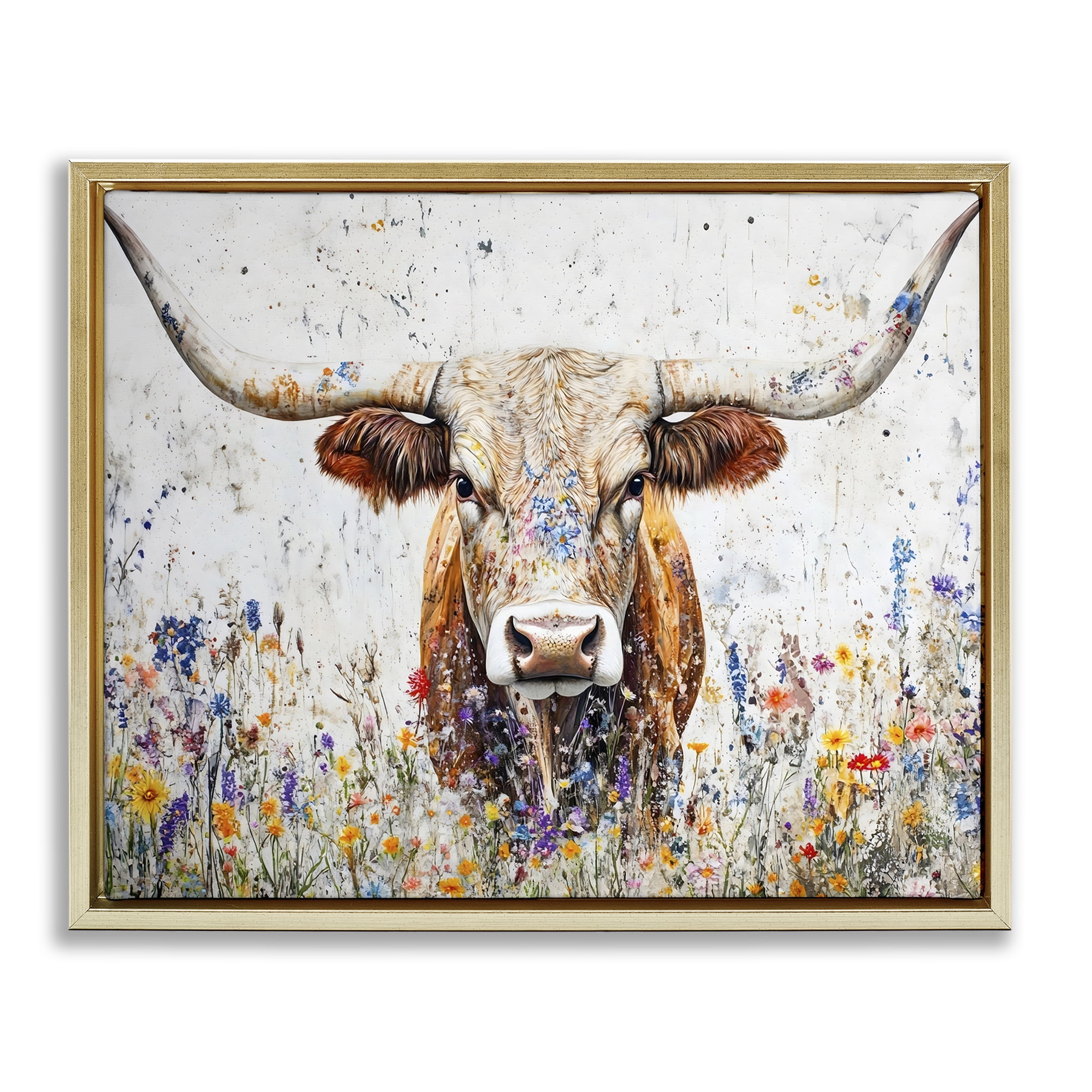 Stupell Industries Texas Longhorn Speckled Flowers Animals Painting Gold Floater Framed Canvas Art Print Wall Art, 31 x 25