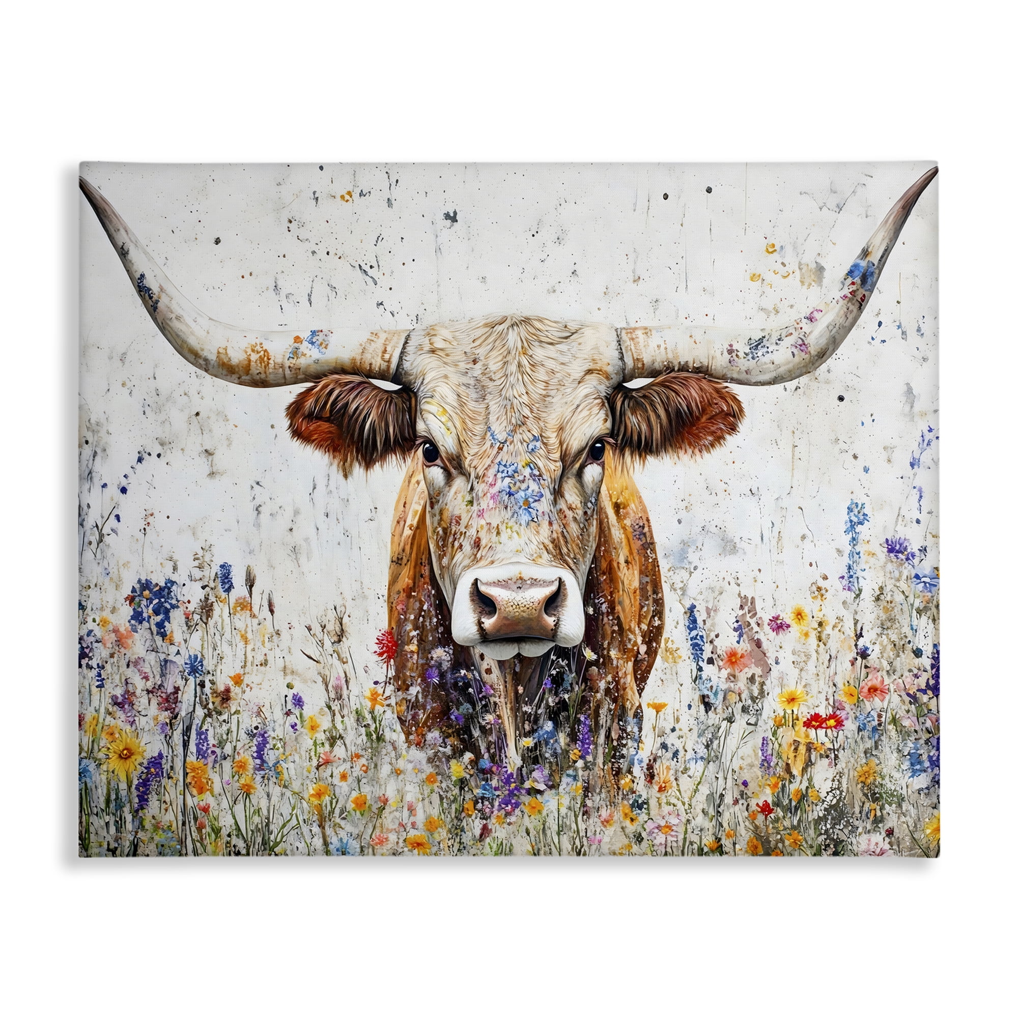 Stupell Industries Texas Longhorn Speckled Flowers Animals Painting Wrapped Canvas Canvas Art Print Wall Art, 30 x 24