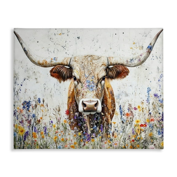 Stupell Industries Texas Longhorn Speckled Flowers Animals Painting Wrapped Canvas Canvas Art Print Wall Art, 40 x 30