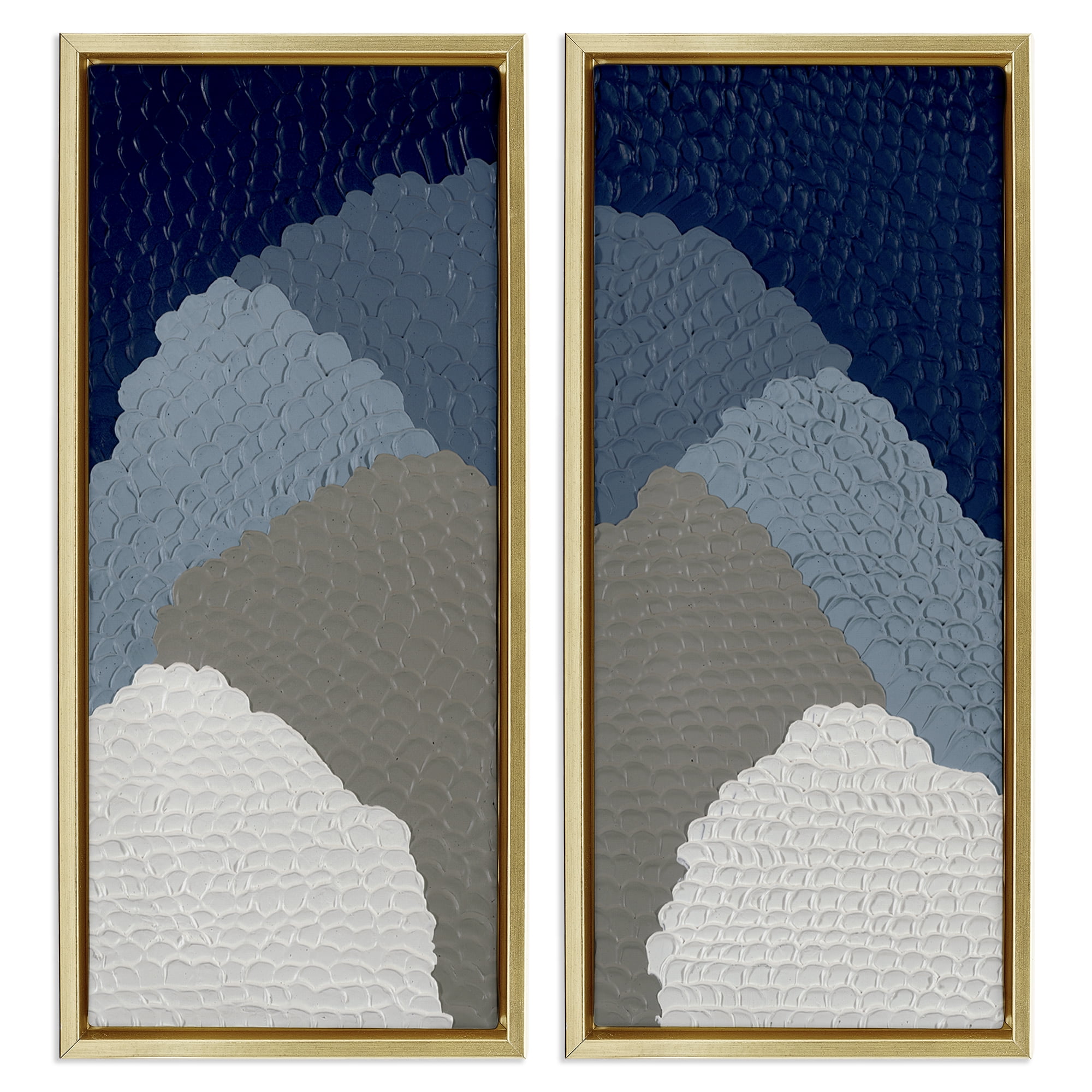 Stupell Industries Textured Blue Abstract Mountains Abstract Painting Gold Floater Framed Canvas Art Print Wall Art, 14 x 31, Set of 2