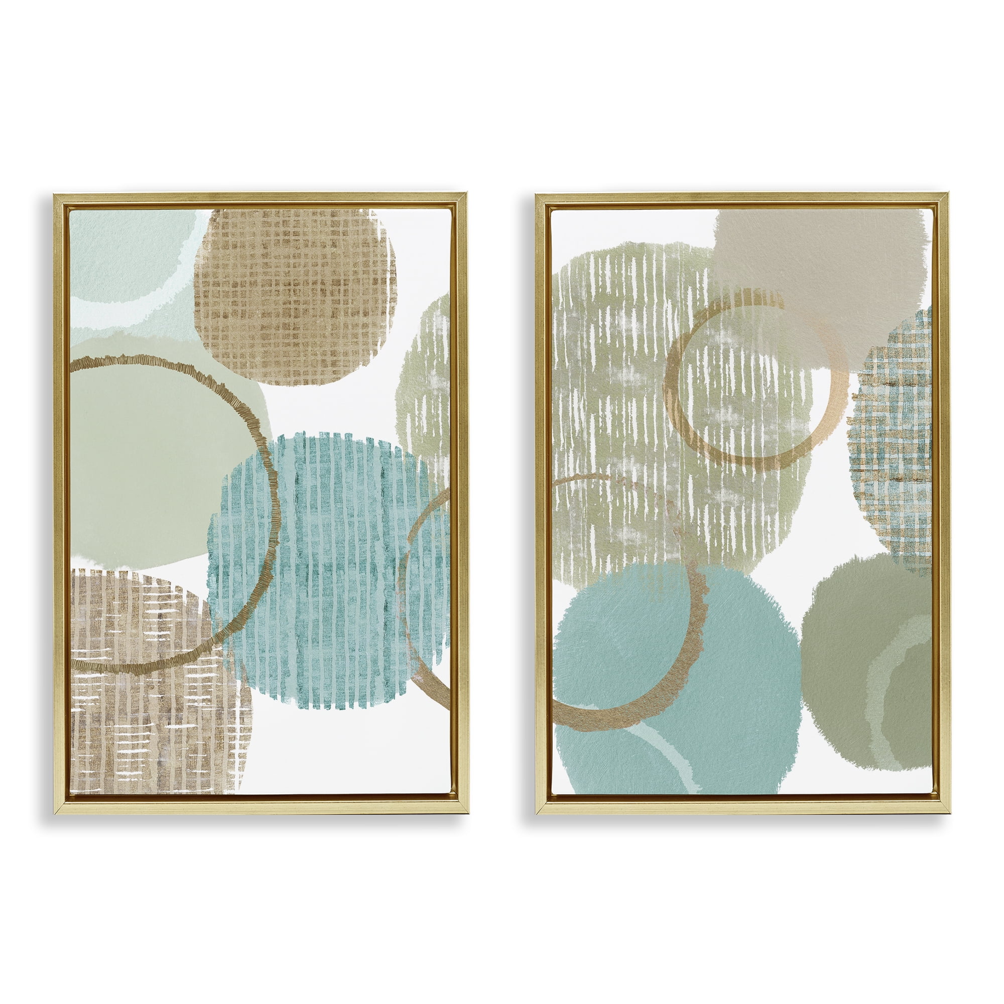 Stupell Industries Textured Layered Aqua Circles Abstract Painting Gold Floater Framed Canvas Art Print Wall Art, 17 x 25, Set of 2