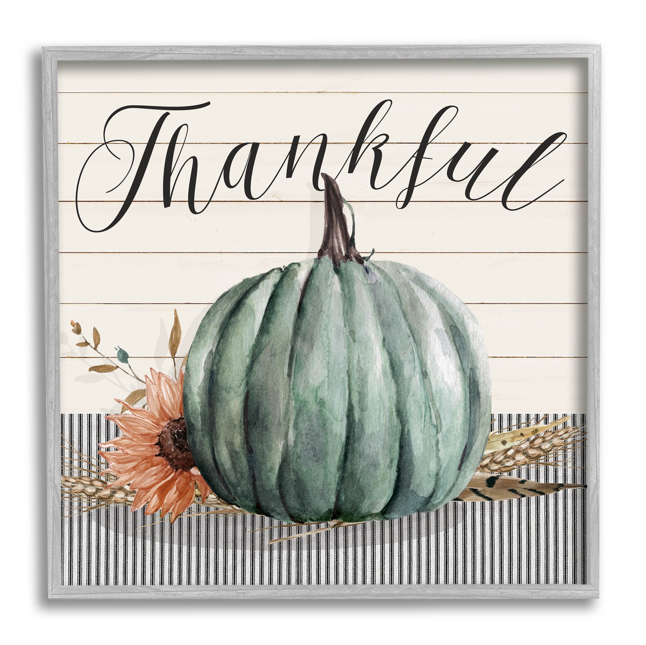 Stupell Industries Thankful Autumn Floral Pumpkin Graphic Art Gray Framed Art Print Wall Art, Design by Livi Finn