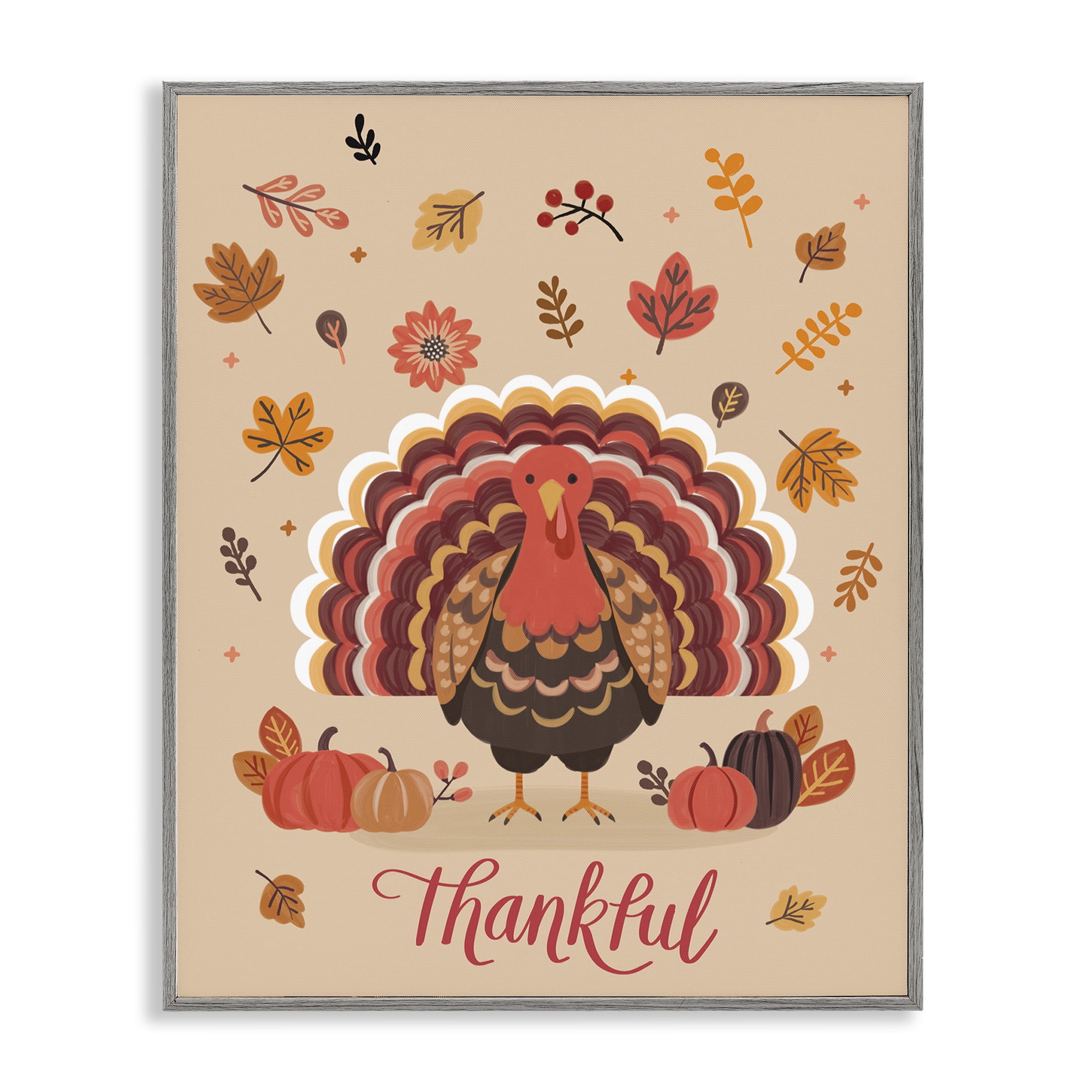 Stupell Industries Thankful Autumnal Turkey Animals Painting Gray Framed Art Print Wall Art, 11 x 14