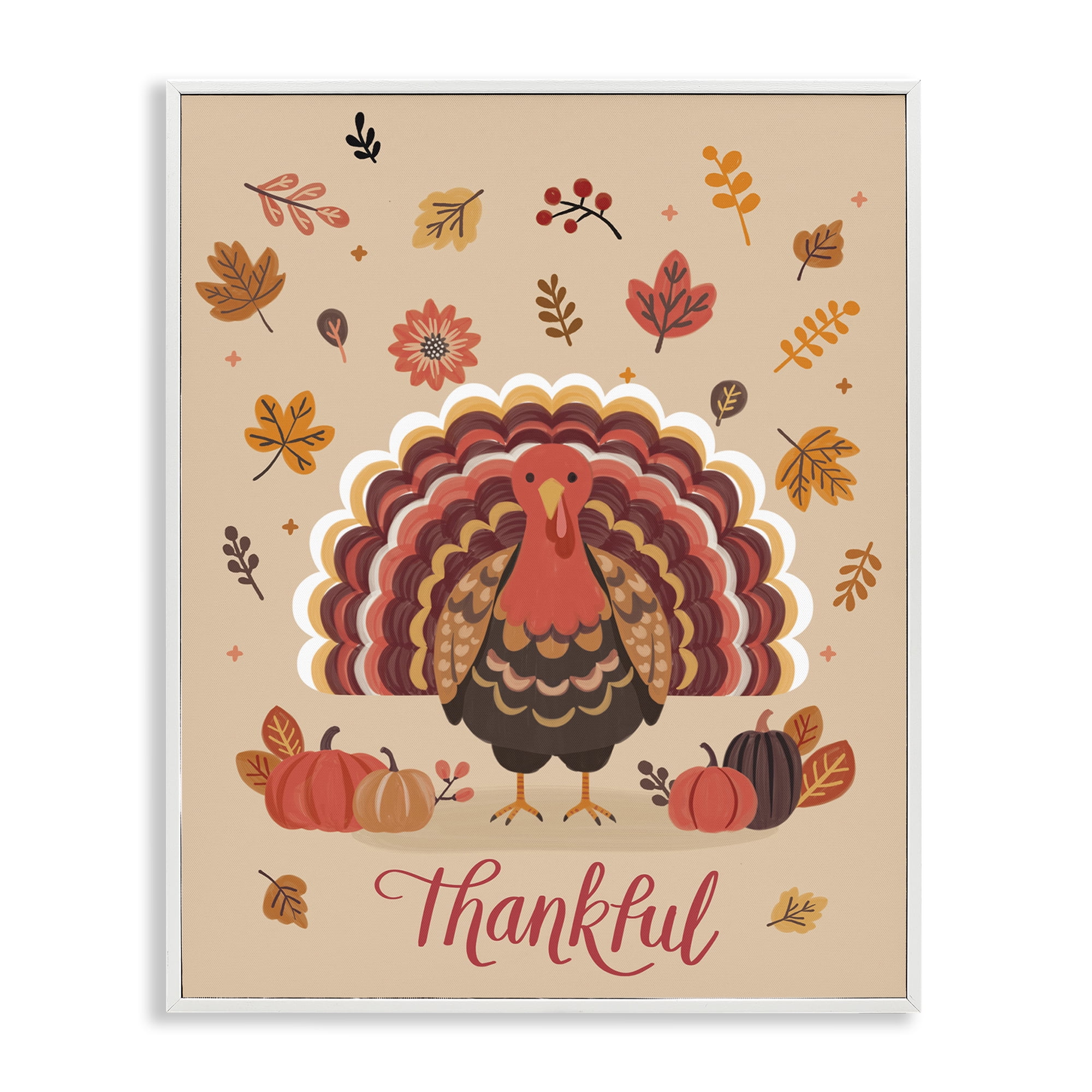 Stupell Industries Thankful Autumnal Turkey Animals Painting White Framed Art Print Wall Art, 16 x 20