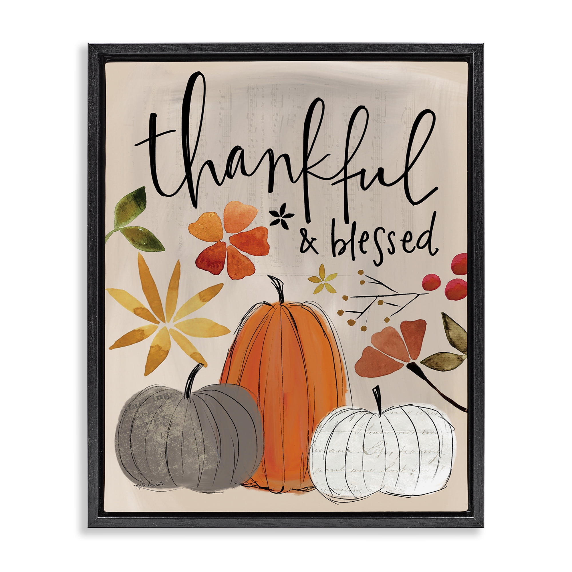 Stupell Industries Thankful & Blessed Pumpkins Botanical & Floral Painting Black Floater Framed Canvas Art Print Wall Art, 17 x 21