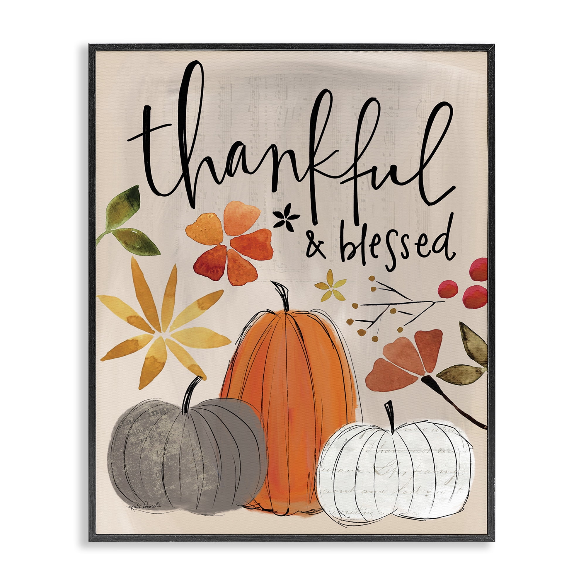 Stupell Industries Thankful & Blessed Pumpkins Botanical & Floral Painting Black Framed Art Print Wall Art, 16 x 20