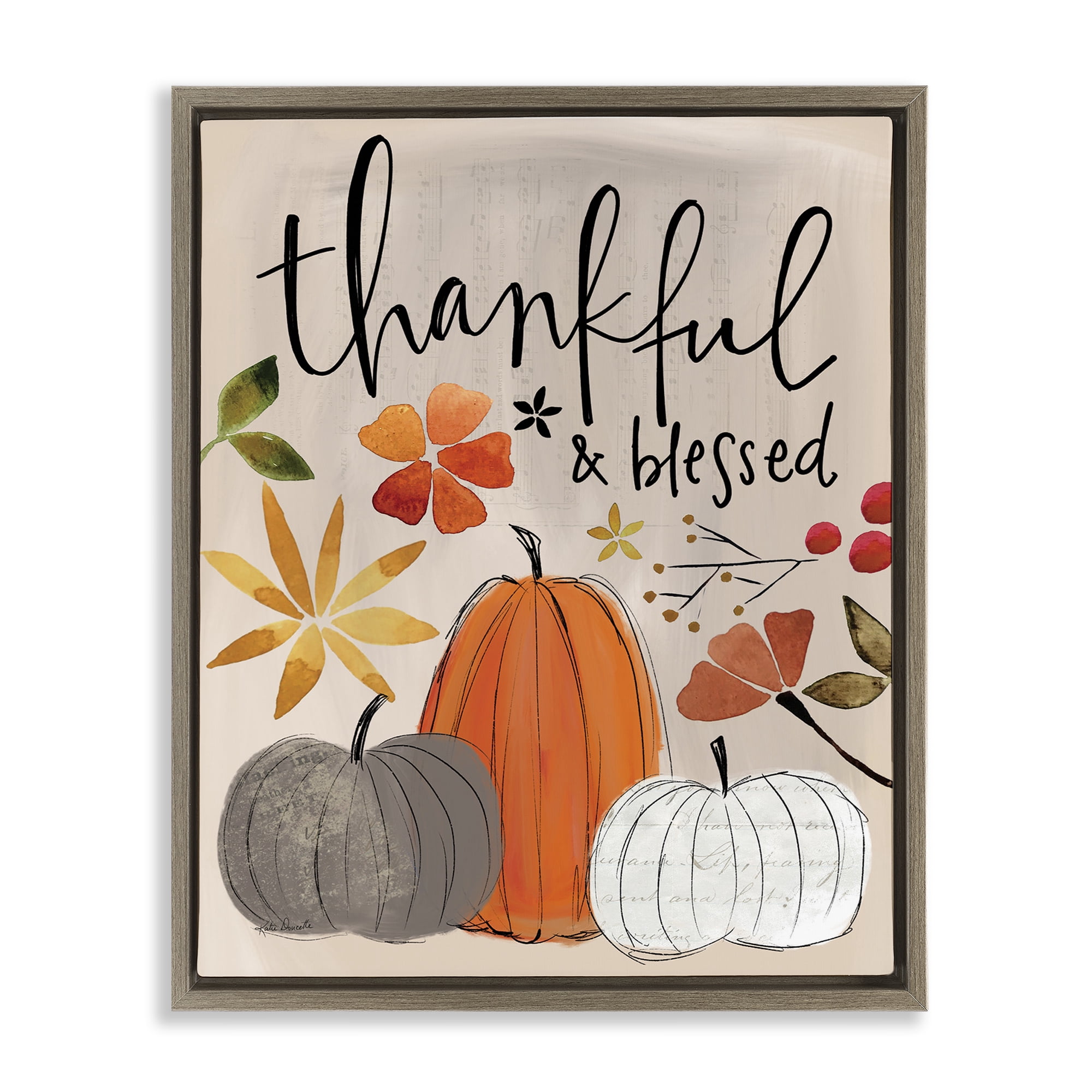 Stupell Industries Thankful & Blessed Pumpkins Botanical & Floral Painting Brown Floater Framed Canvas Art Print Wall Art, 17 x 21