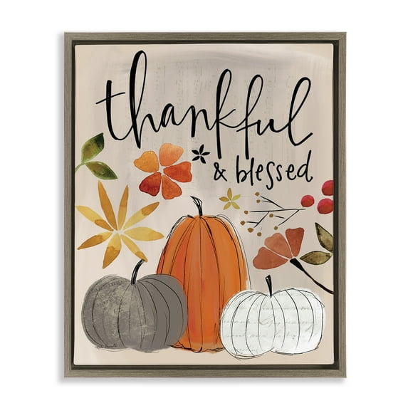 Stupell Industries Thankful & Blessed Pumpkins Botanical & Floral Painting Brown Floater Framed Canvas Art Print Wall Art, 25 x 31
