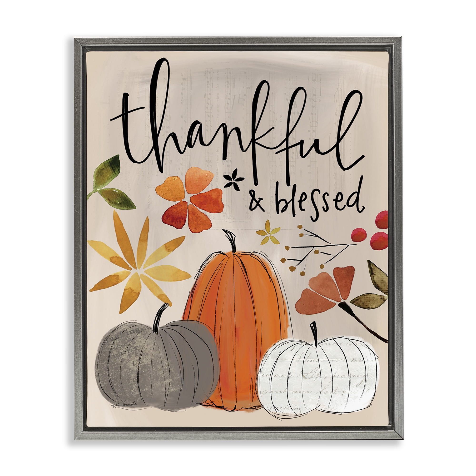 Stupell Industries Thankful & Blessed Pumpkins Botanical & Floral Painting Gray Floater Framed Canvas Art Print Wall Art, 17 x 21