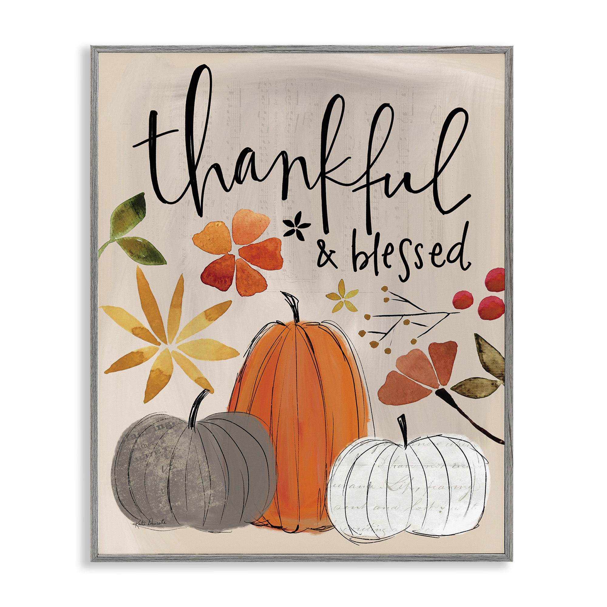 Stupell Industries Thankful & Blessed Pumpkins Botanical & Floral Painting Gray Framed Art Print Wall Art, 16 x 20