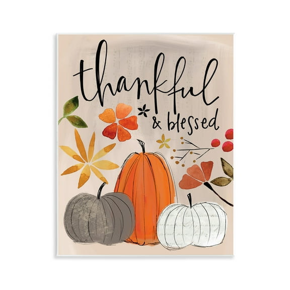 Stupell Industries Thankful & Blessed Pumpkins Botanical & Floral Painting Unframed Art Print Wall Art, 11 x 14