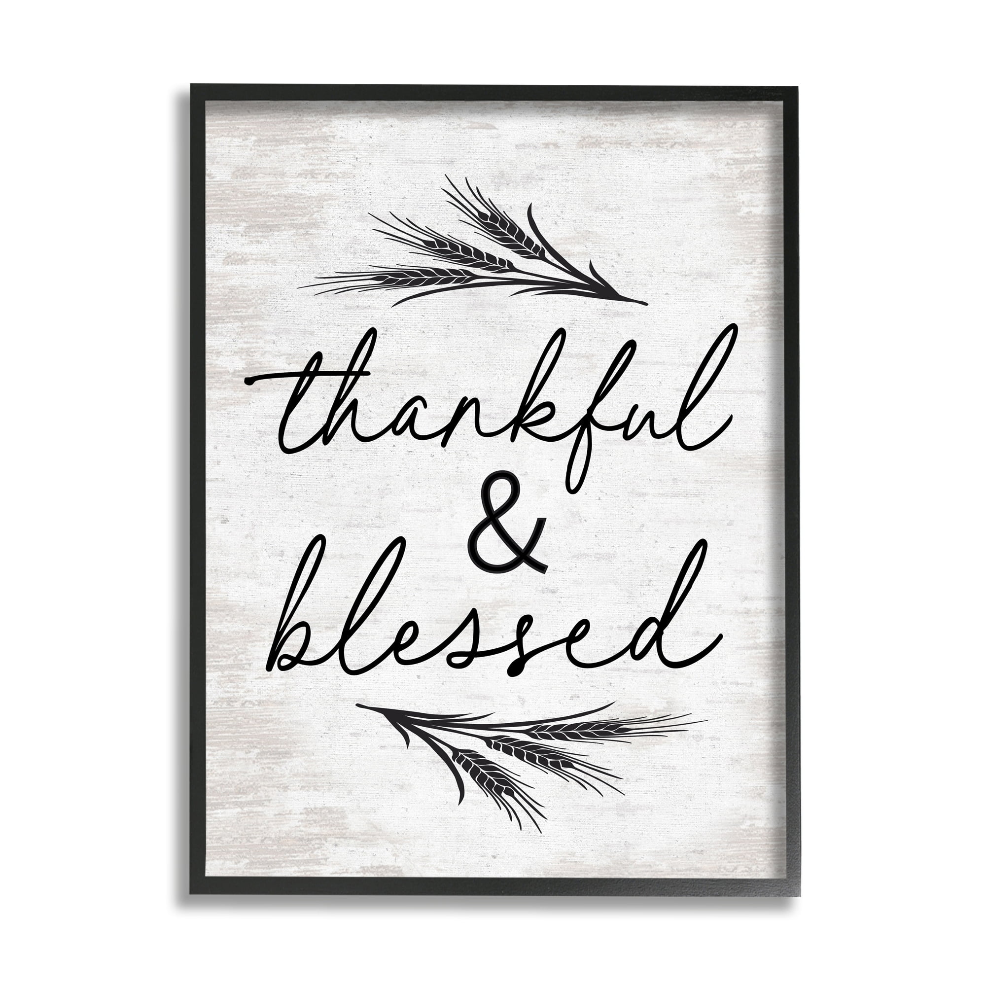 Stupell Industries Thankful & Blessed Rustic Wheat Sprig Motif Graphic Art Black Framed Art Print Wall Art, Design by Lettered and Lined