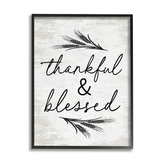 Stupell Industries Thankful & Blessed Rustic Wheat Sprig Motif Graphic Art Black Framed Art Print Wall Art, Design by Lettered and Lined