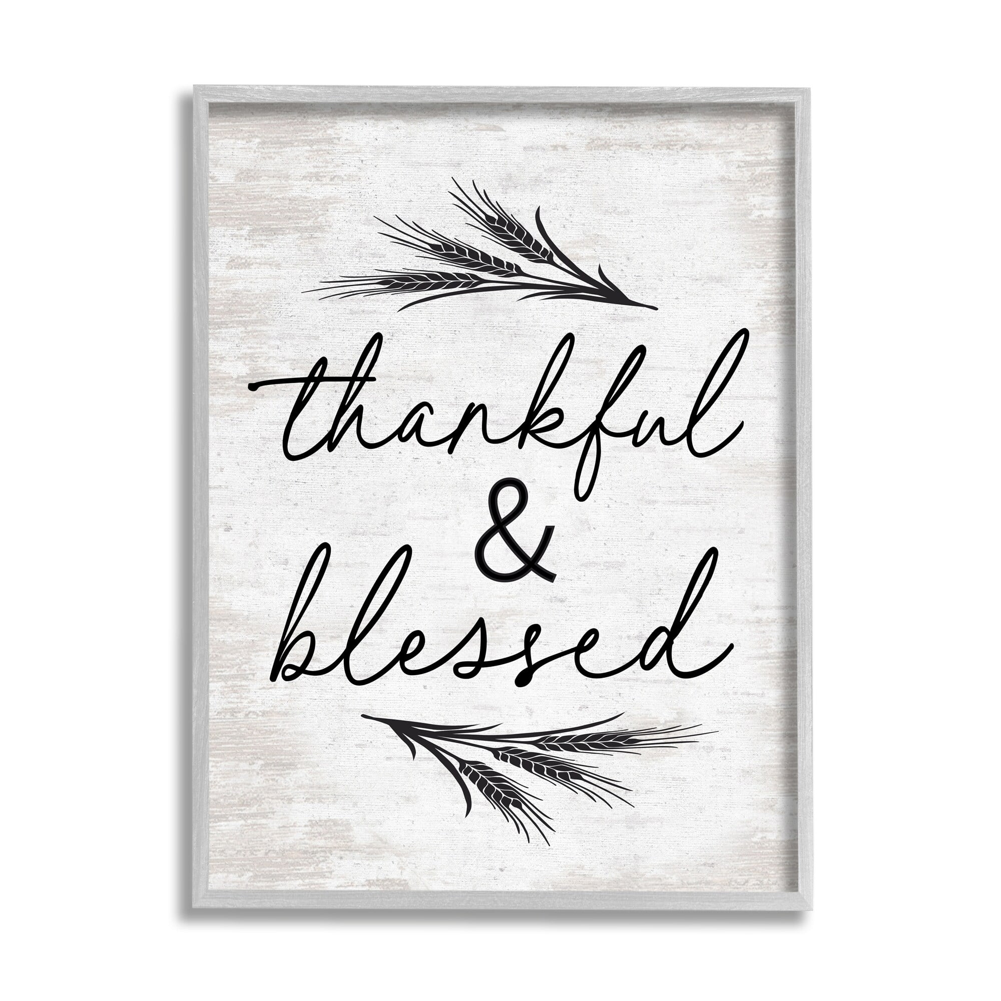 Stupell Industries Thankful & Blessed Rustic Wheat Sprig Motif Graphic Art Gray Framed Art Print Wall Art, Design by Lettered and Lined