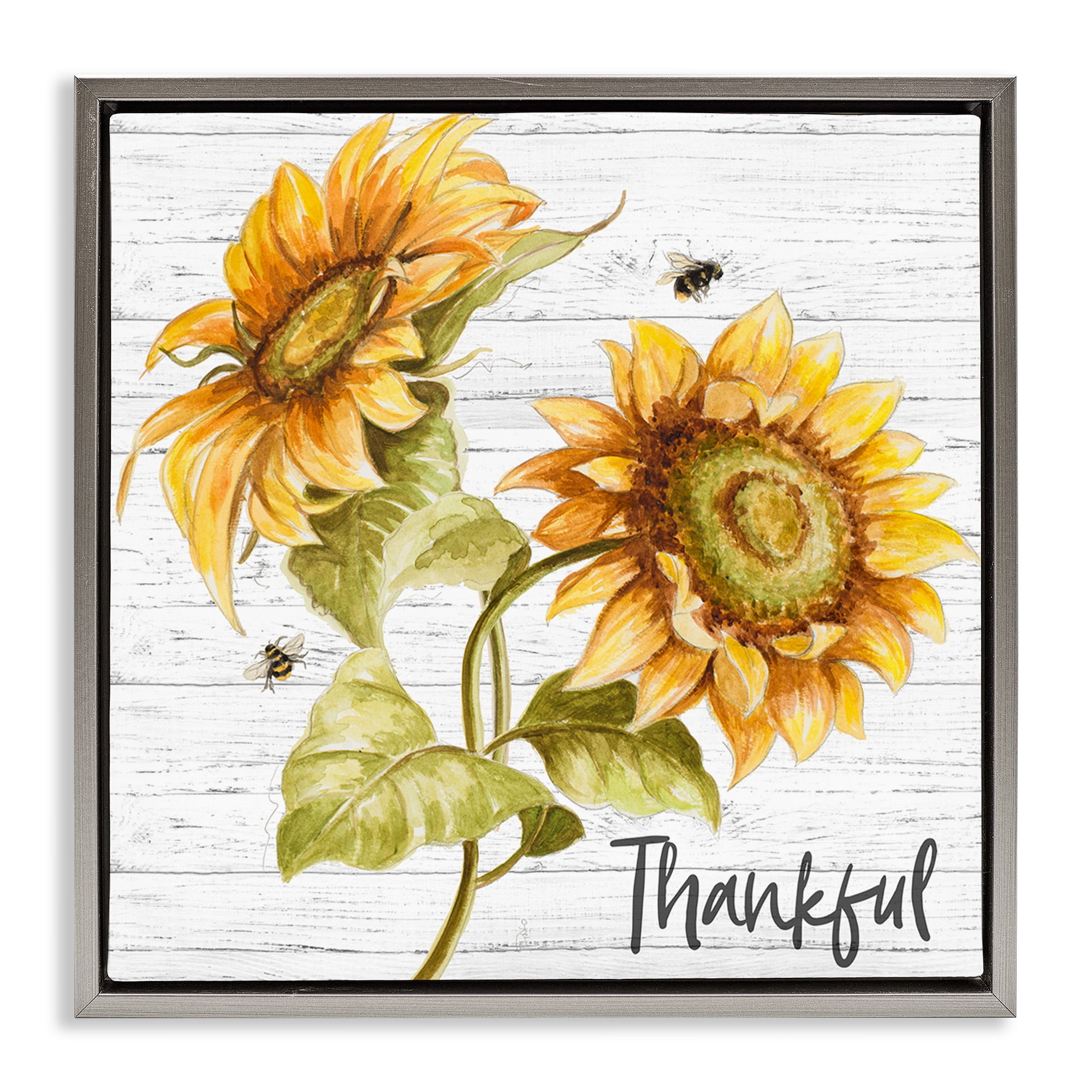 Stupell Industries Thankful Country Sunflowers Botanical & Floral Painting Gray Floater Framed Canvas Art Print Wall Art, 25 x 25