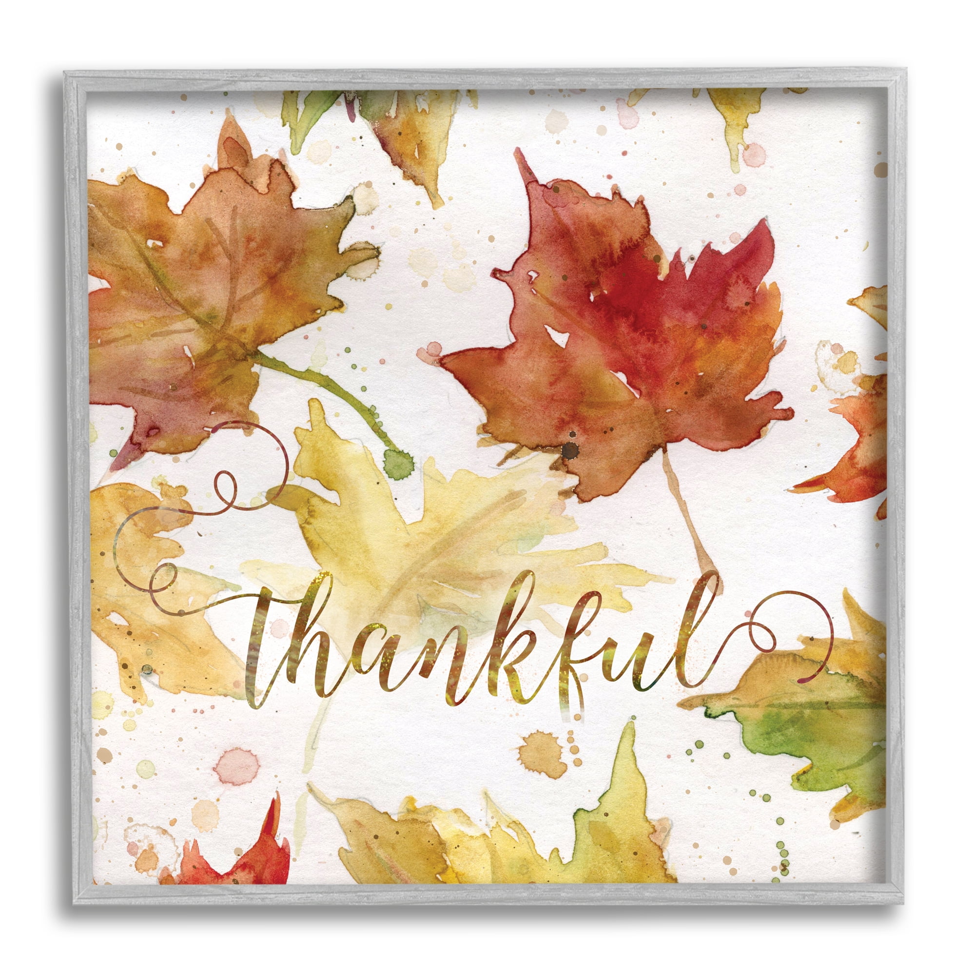 Stupell Industries Thankful Fall Leaves Holiday Painting Gray Framed Art Print Wall Art, 12 x 12