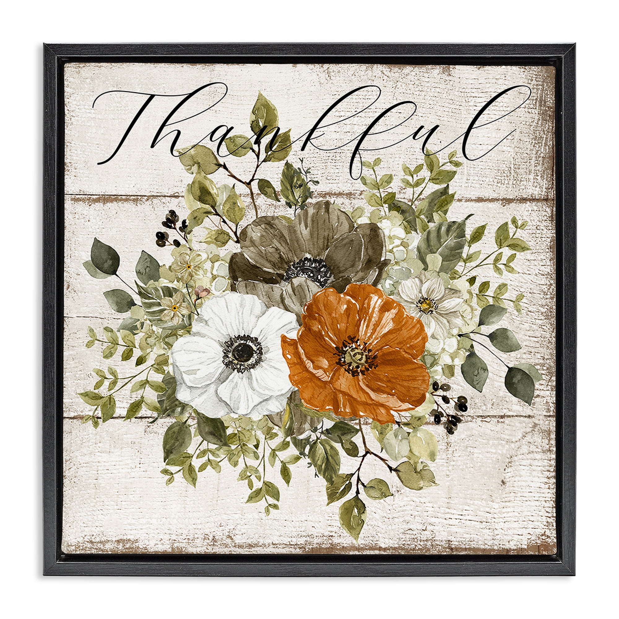 Stupell Industries Thankful Floral Pumpkin Holiday Painting Black Floater Framed Canvas Art Prints Wall Art, 18 x 18