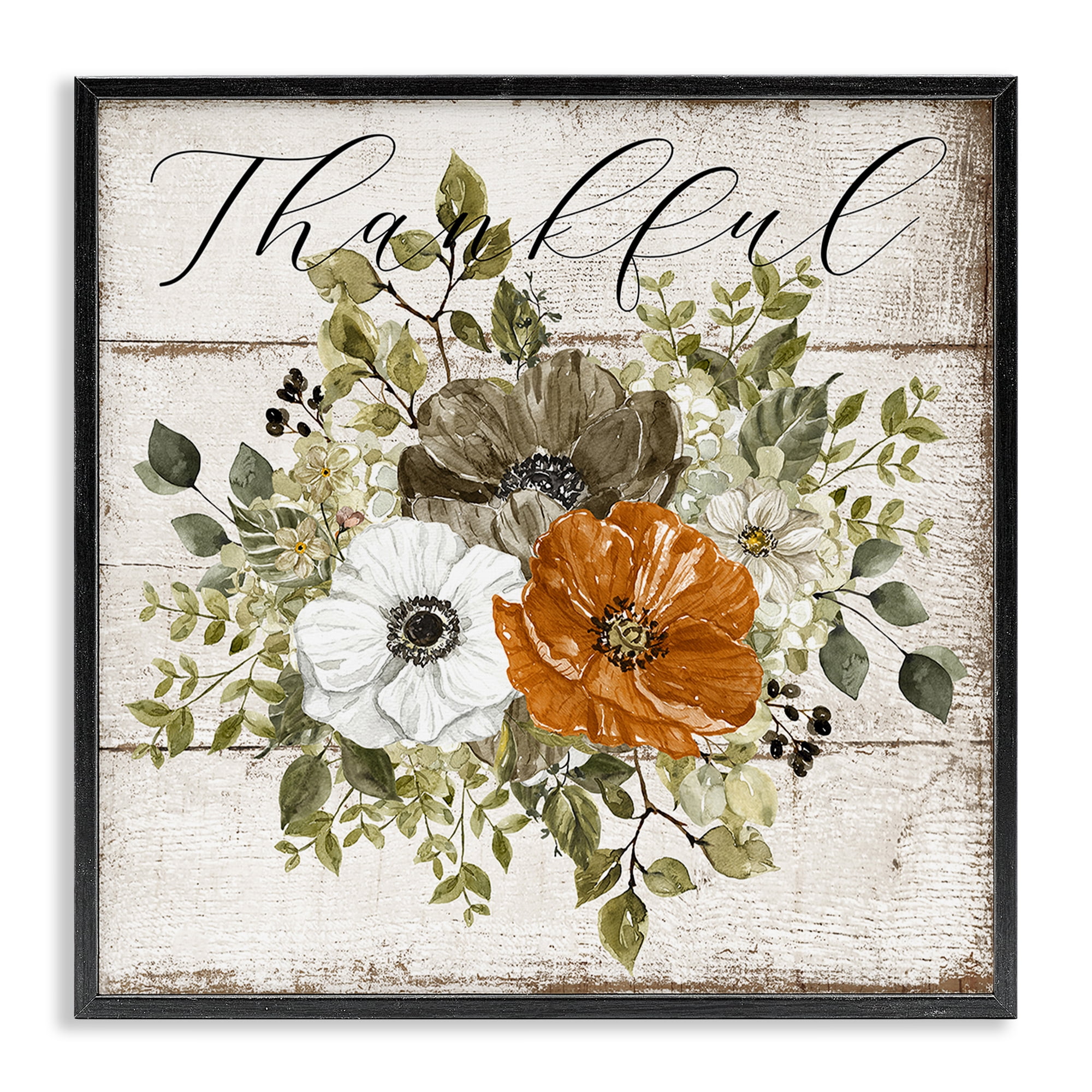 Stupell Industries Thankful Floral Pumpkin Holiday Painting Black Framed Art Prints Wall Art, 17 x 17