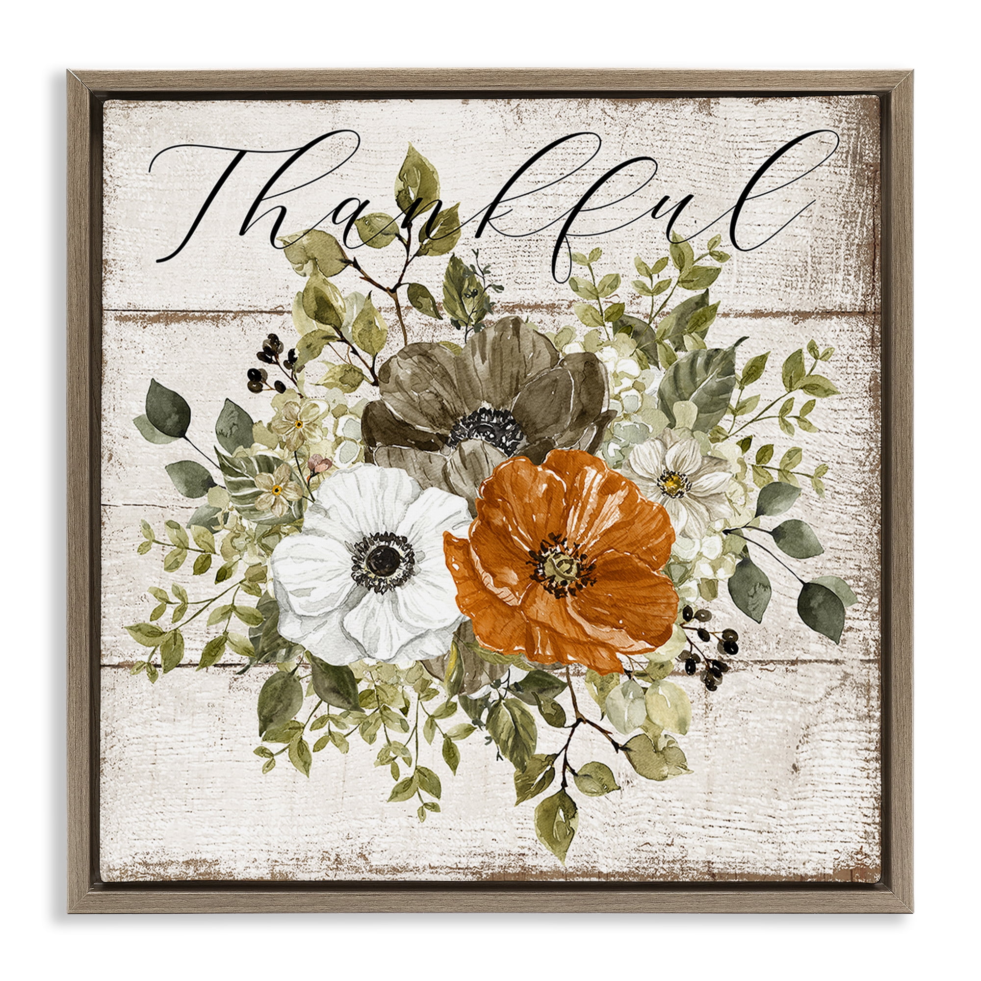 Stupell Industries Thankful Floral Pumpkin Holiday Painting Brown Floater Framed Canvas Art Prints Wall Art, 25 x 25