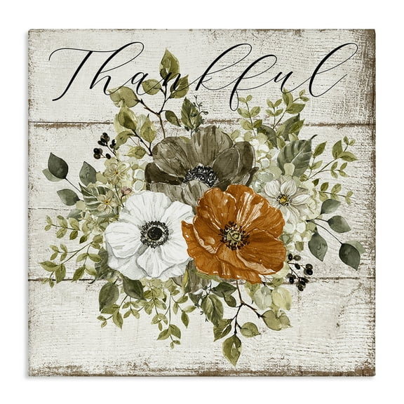 Stupell Industries Thankful Floral Pumpkin Holiday Painting Gallery Wrapped Canvas Art Prints Wall Art, 17 x 17