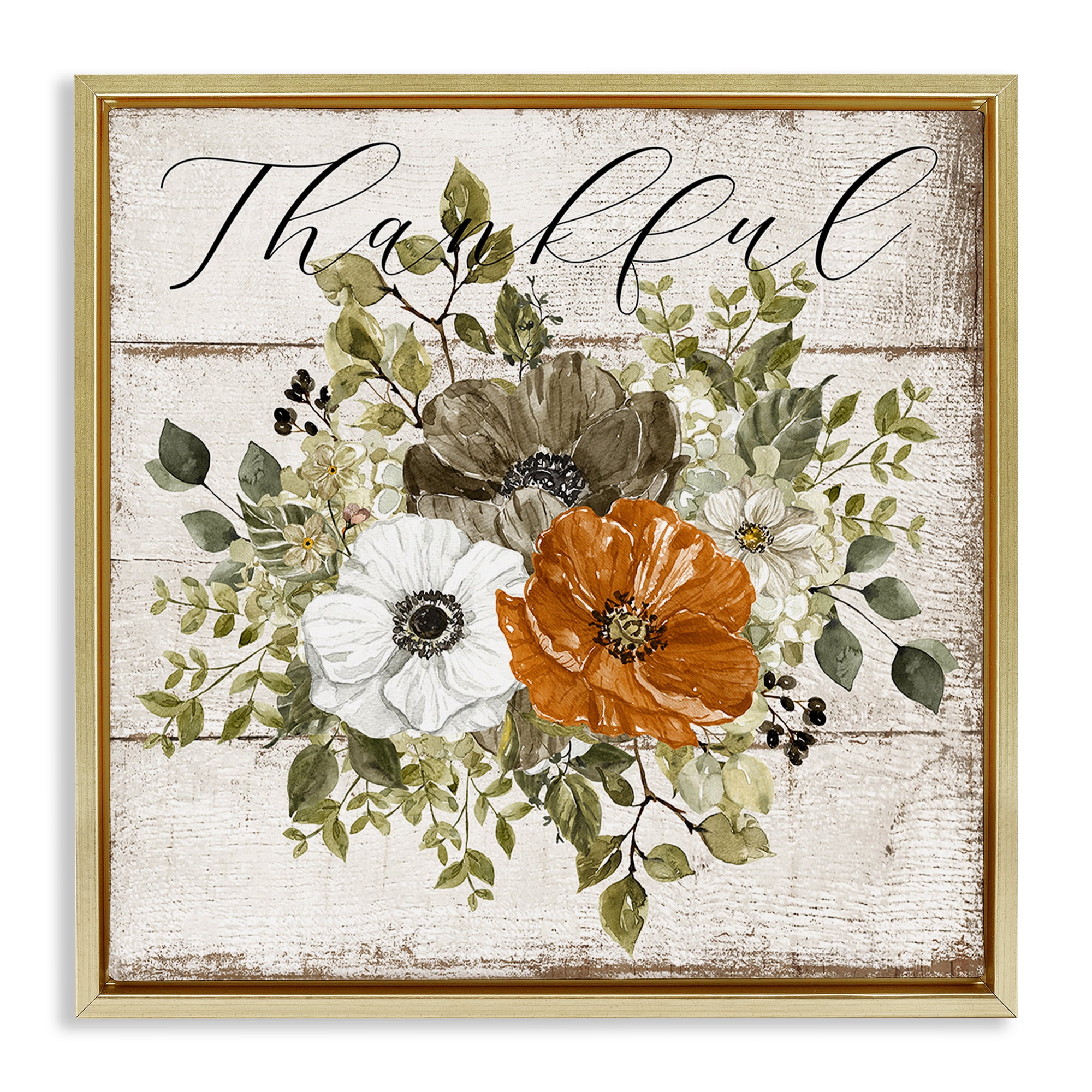 Stupell Industries Thankful Floral Pumpkin Holiday Painting Gold Floater Framed Canvas Art Prints Wall Art, 25 x 25