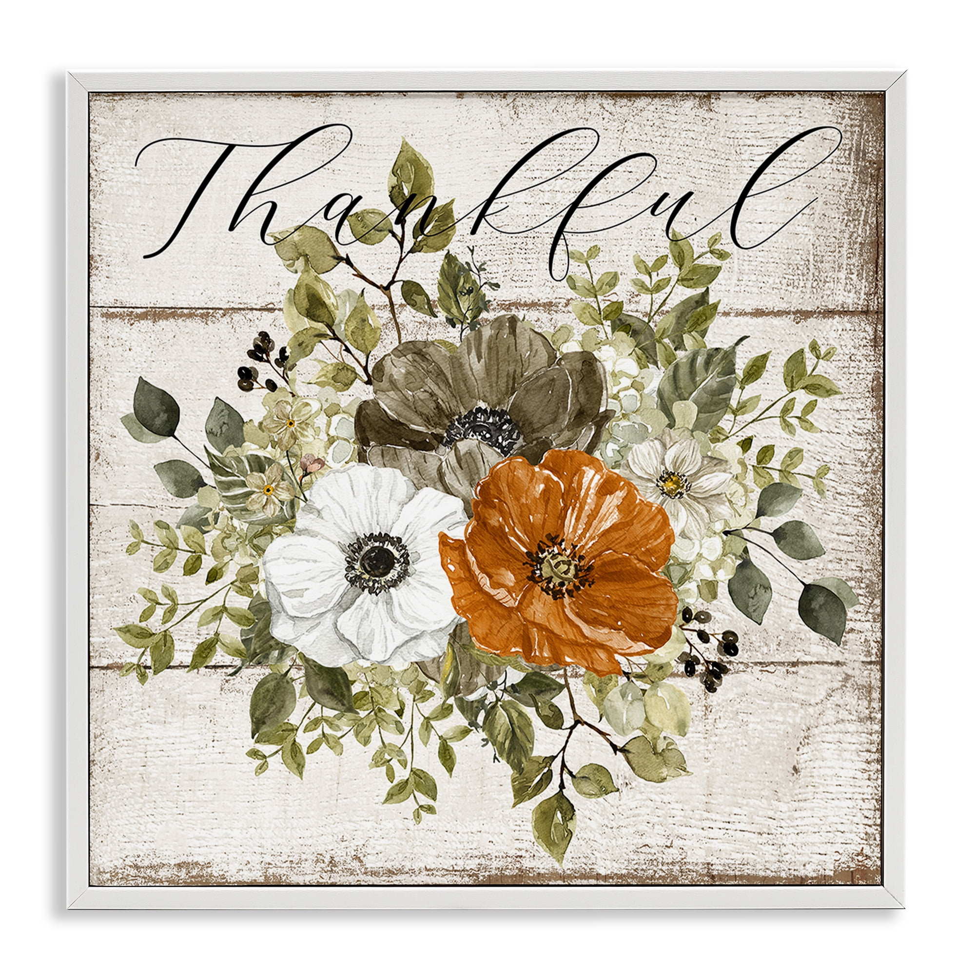 Stupell Industries Thankful Floral Pumpkin Holiday Painting White Framed Art Prints Wall Art, 17 x 17