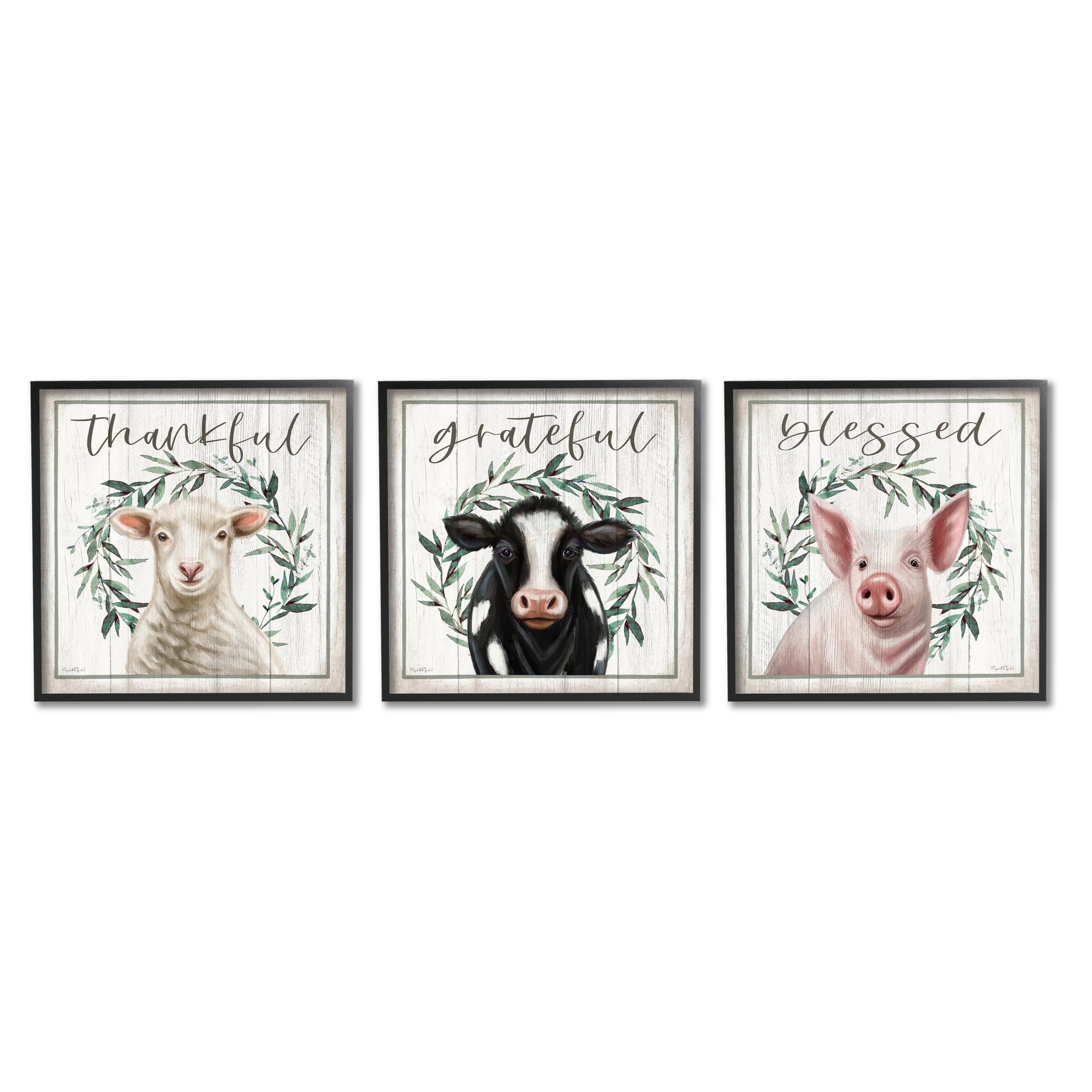 Stupell Industries Thankful Grateful Blessed Country Animals & Insects Painting Black Framed Art Print Wall Art, 12 x 12, Set of 3