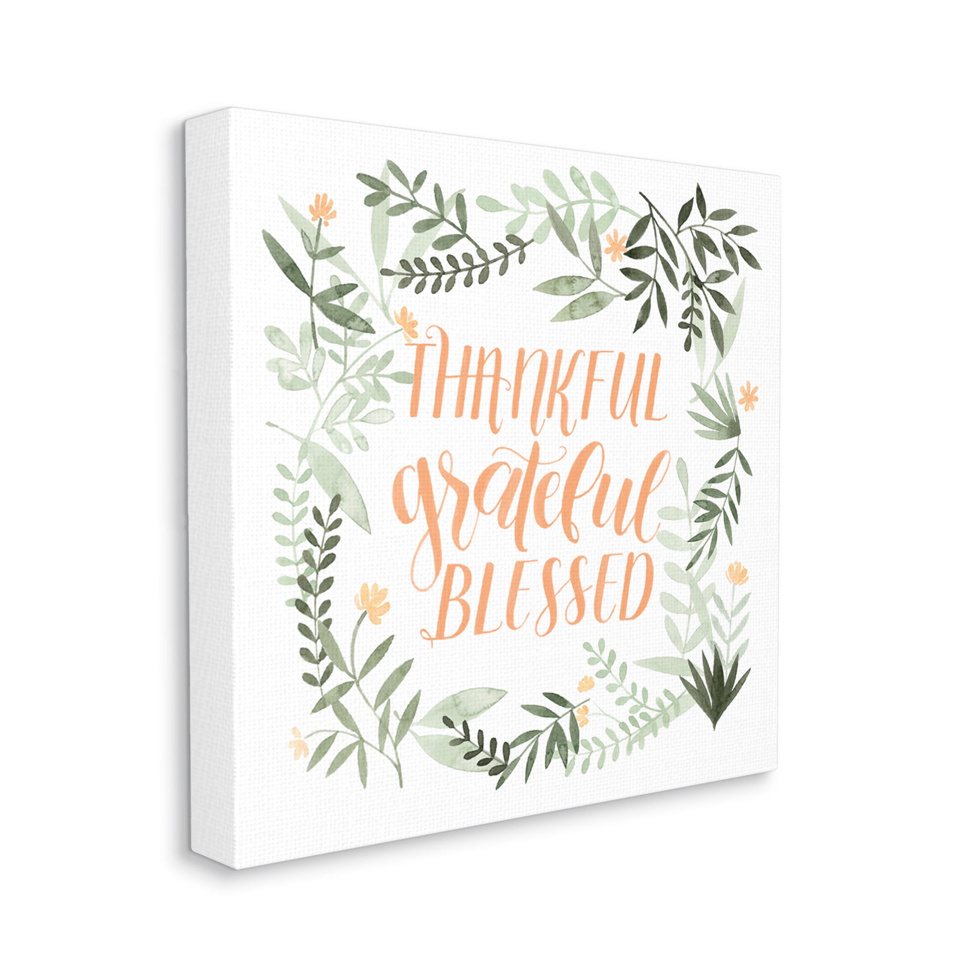 Stupell Industries Thankful Grateful Blessed Phrase Soft Green Floral Plants Inspirational Painting Gallery Wrapped Canvas Art Print Wall Art, 36 x 36