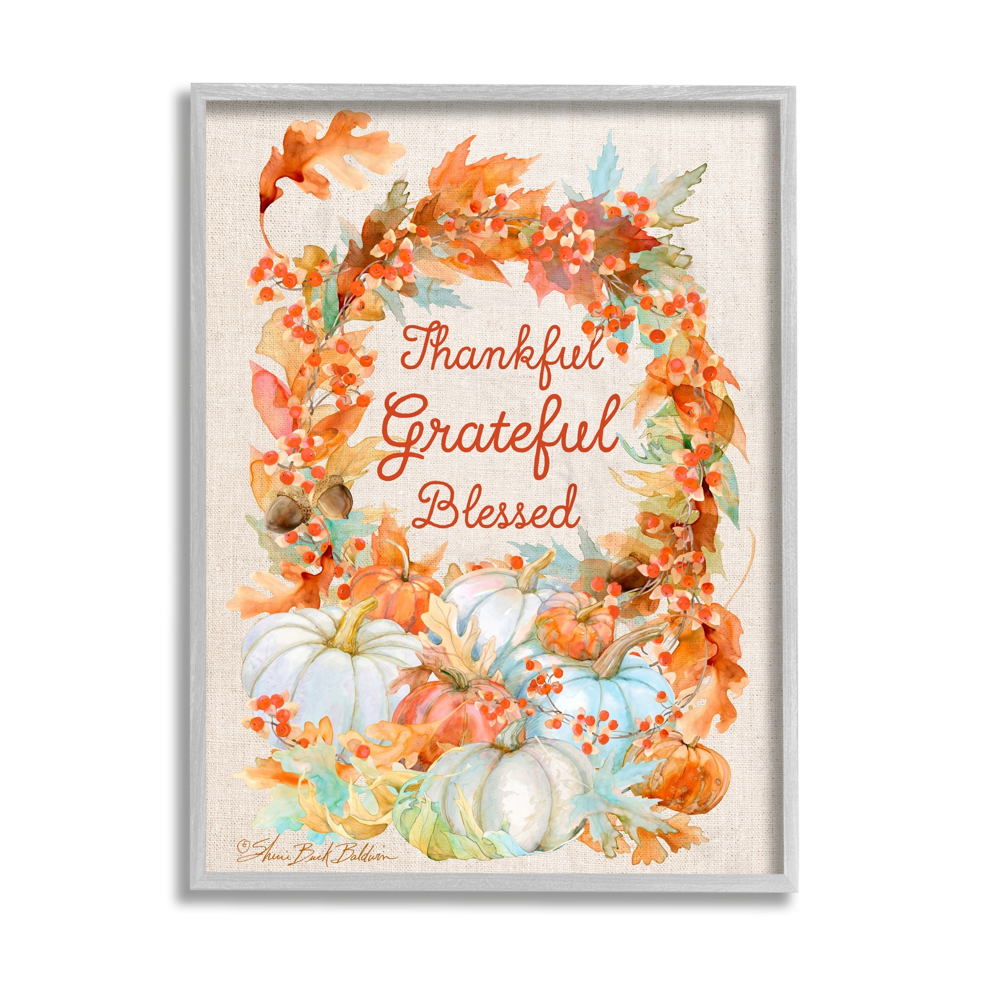 Stupell Industries Thankful Grateful Blessed Text Autumn Harvest Novelty Painting Gray Framed Art Print Wall Art, 11 x 14