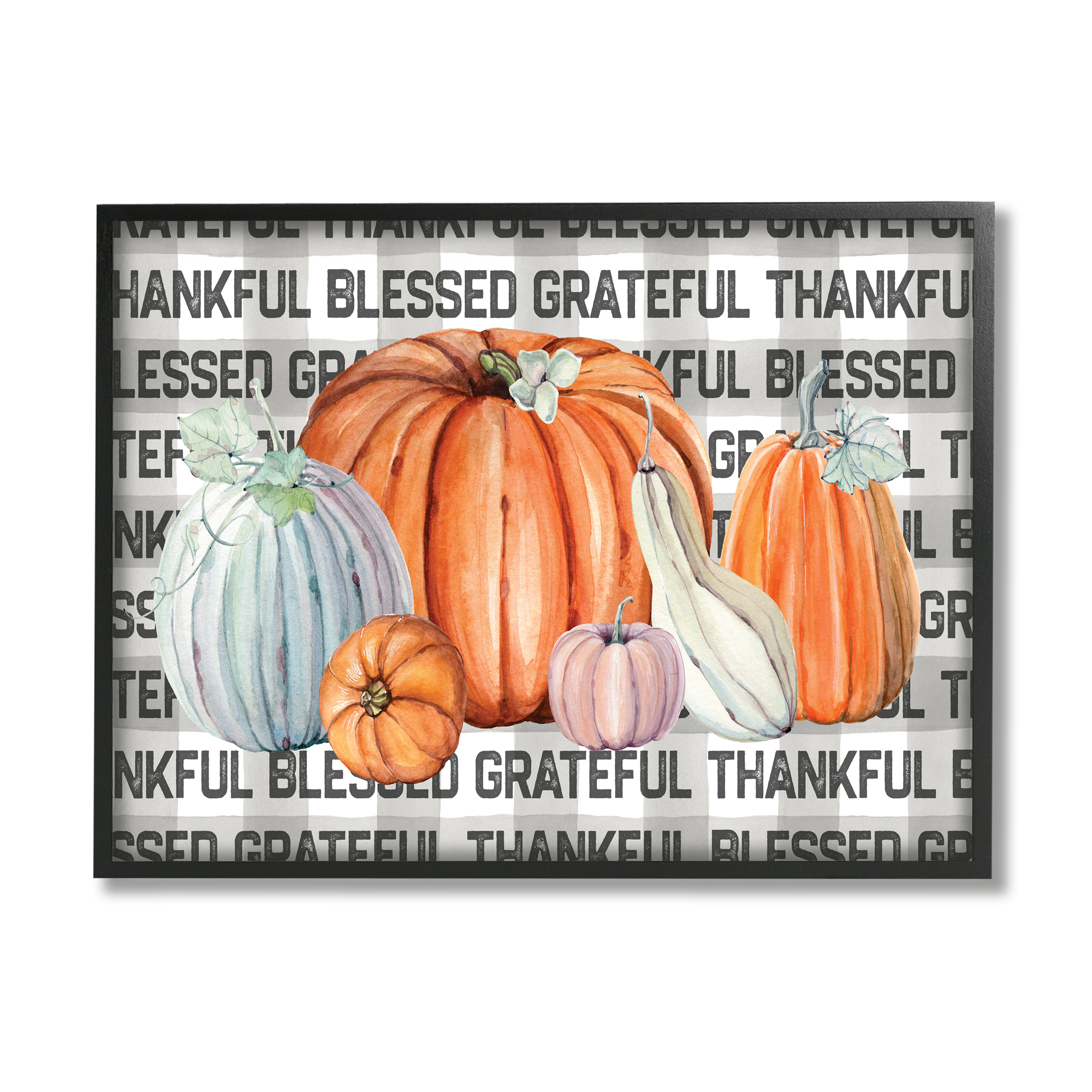 Stupell Industries Thankful Grateful Blessed Typography Grey Plaid Farm Pumpkins, 11 x 14, Designed by Valerie Wieners