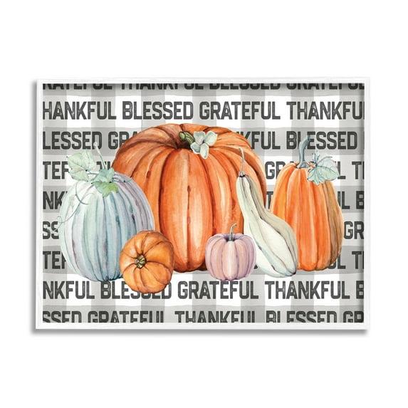 Stupell Industries Thankful Grateful Blessed Typography Grey Plaid Farm Pumpkins, 24 x 30, Designed by Valerie Wieners