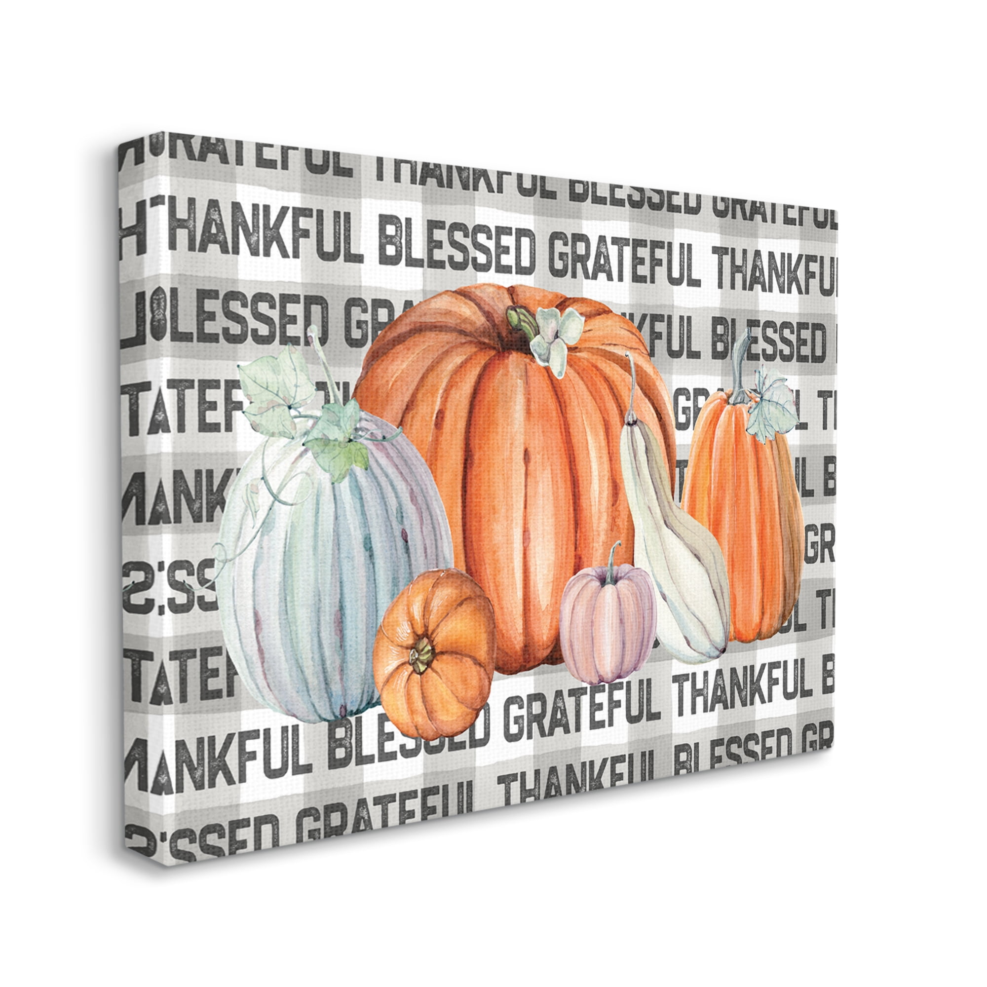Stupell Industries Thankful Grateful Blessed Typography Grey Plaid Farm Pumpkins, 36 x 48, Designed by Valerie Wieners