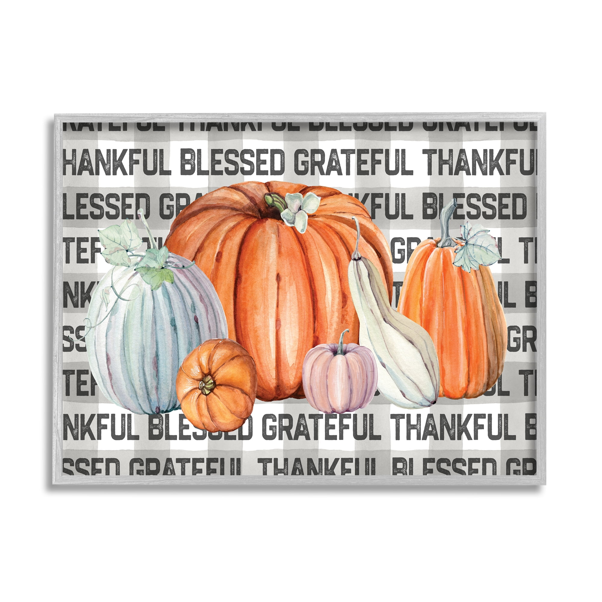 Stupell Industries Thankful Grateful Blessed Typography Grey Plaid Farm Pumpkins Country Painting Gray Framed Art Print Wall Art, 11 x 14, Design by Valerie Wieners