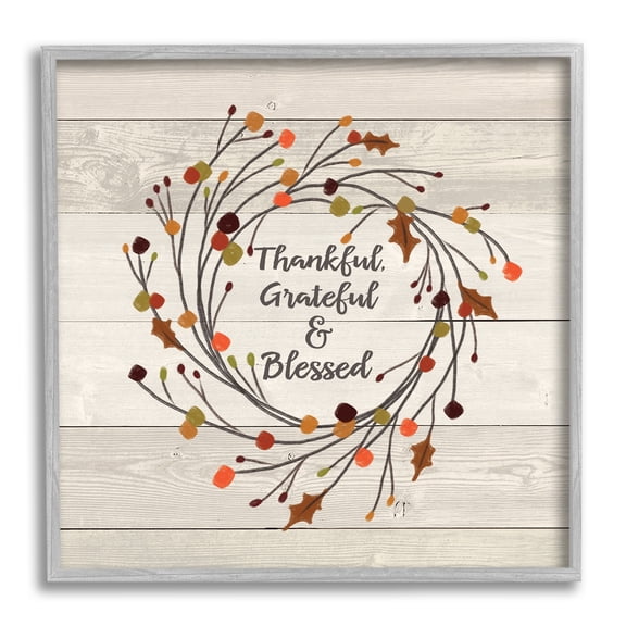 Stupell Industries Thankful Grateful and Blessed Sentiment Autumn Thistle Branches Graphic Art Gray Framed Art Print Wall Art, 12x12, by Jo Moulton