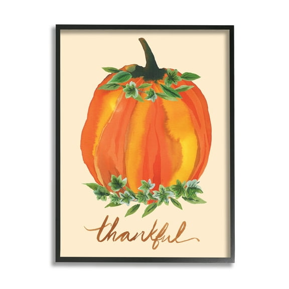 Stupell Industries Thankful Orange Pumpkin Leaf Botanicals Autumn Plants Graphic Art Black Framed Art Print Wall Art, Design by Heather McLaughlin