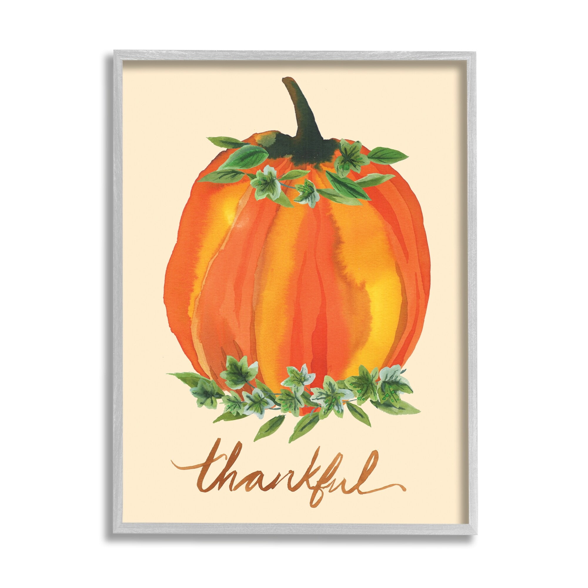Stupell Industries Thankful Orange Pumpkin Leaf Botanicals Autumn Plants Graphic Art Gray Framed Art Print Wall Art, Design by Heather McLaughlin