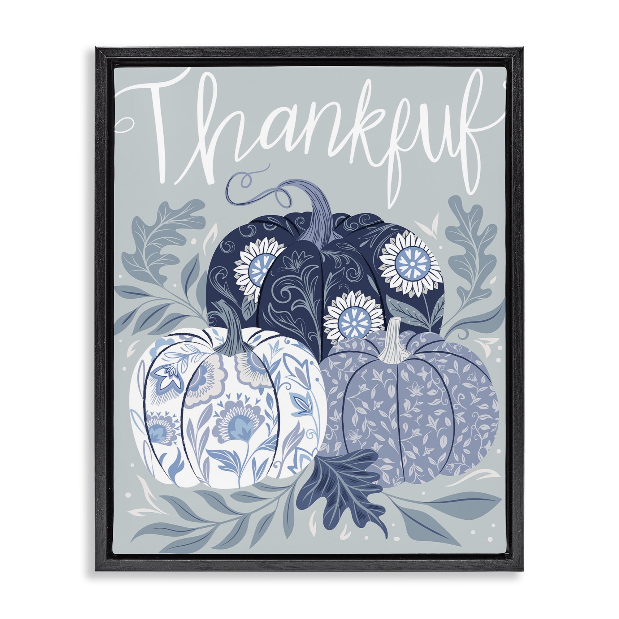 Stupell Industries Thankful Ornate Floral Pumpkins Plants & Flowers Painting Black Floater Framed Canvas Art Print Wall Art, 25 x 31