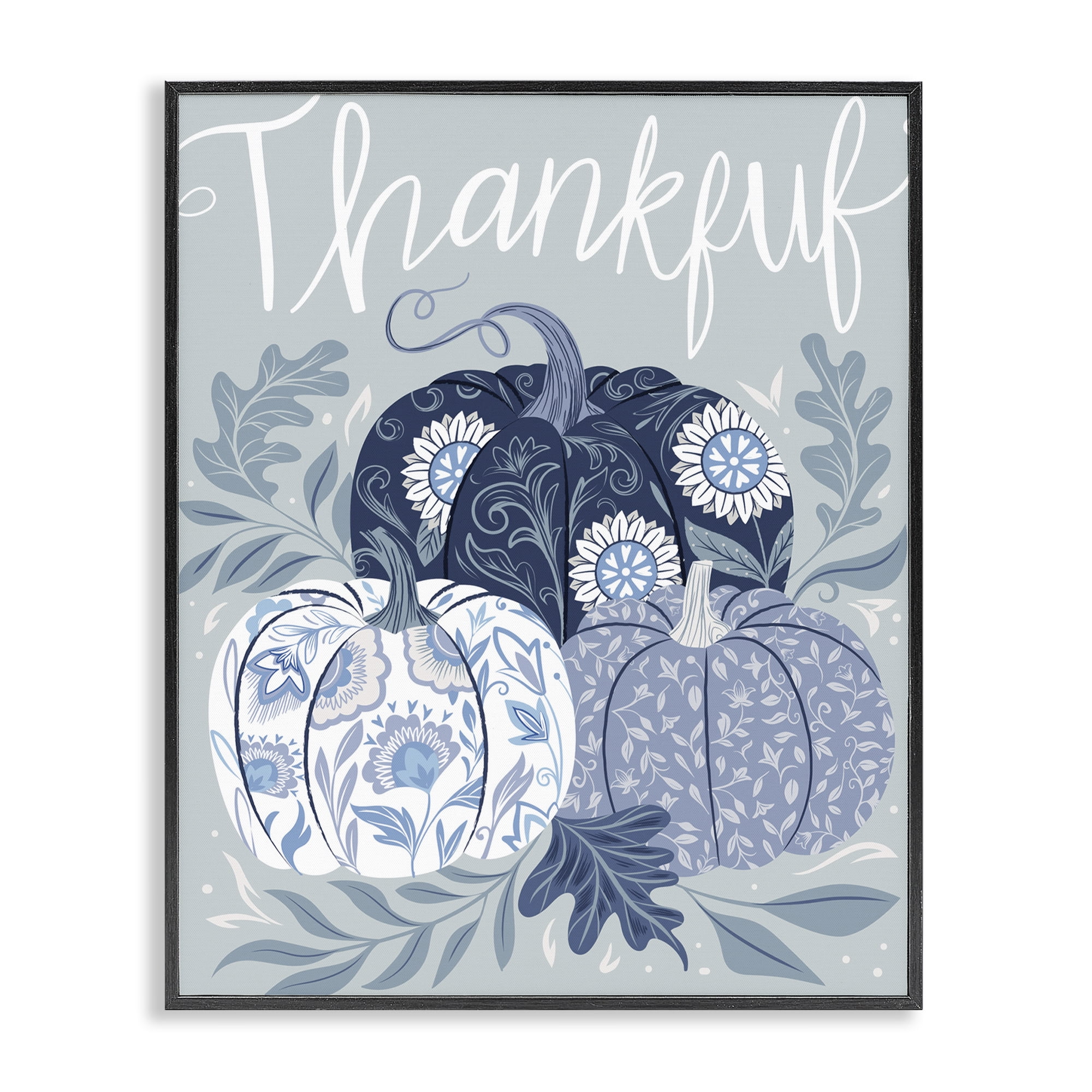 Stupell Industries Thankful Ornate Floral Pumpkins Plants & Flowers Painting Black Framed Art Print Wall Art, 16 x 20