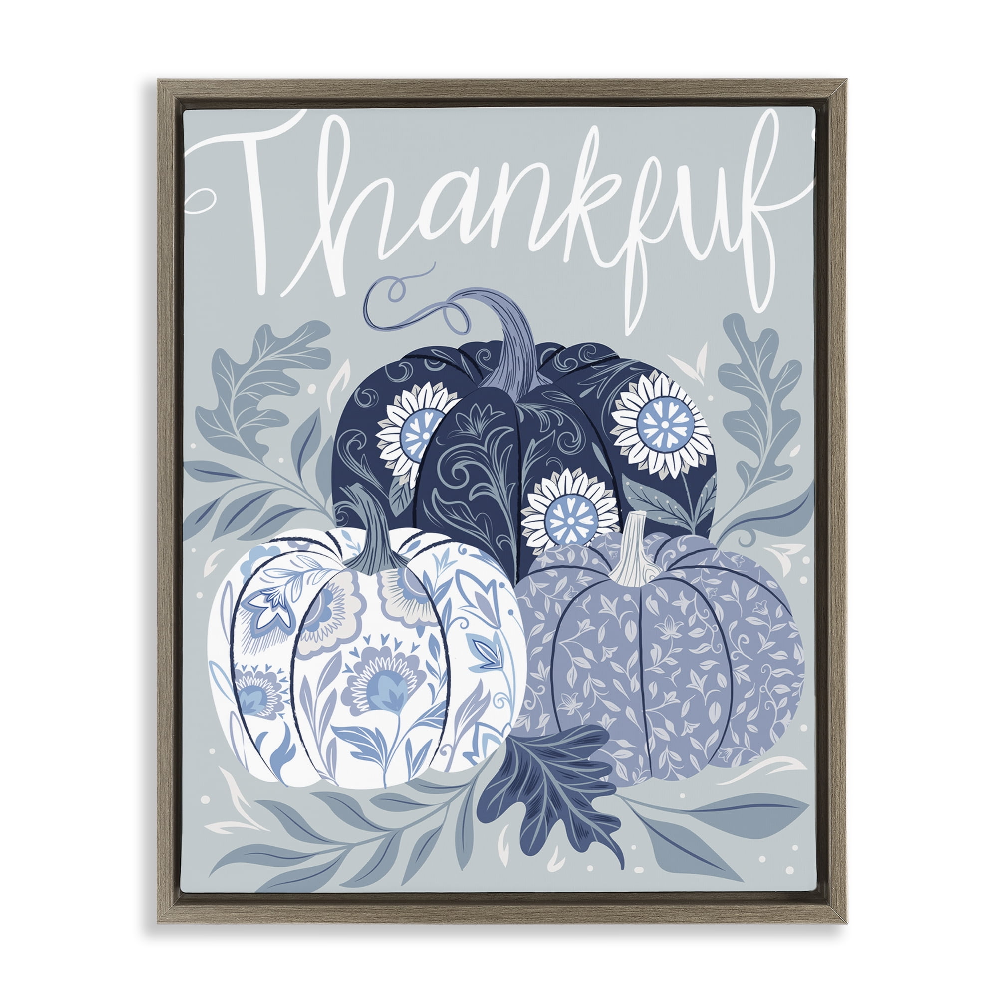 Stupell Industries Thankful Ornate Floral Pumpkins Plants & Flowers Painting Brown Floater Framed Canvas Art Print Wall Art, 17 x 21