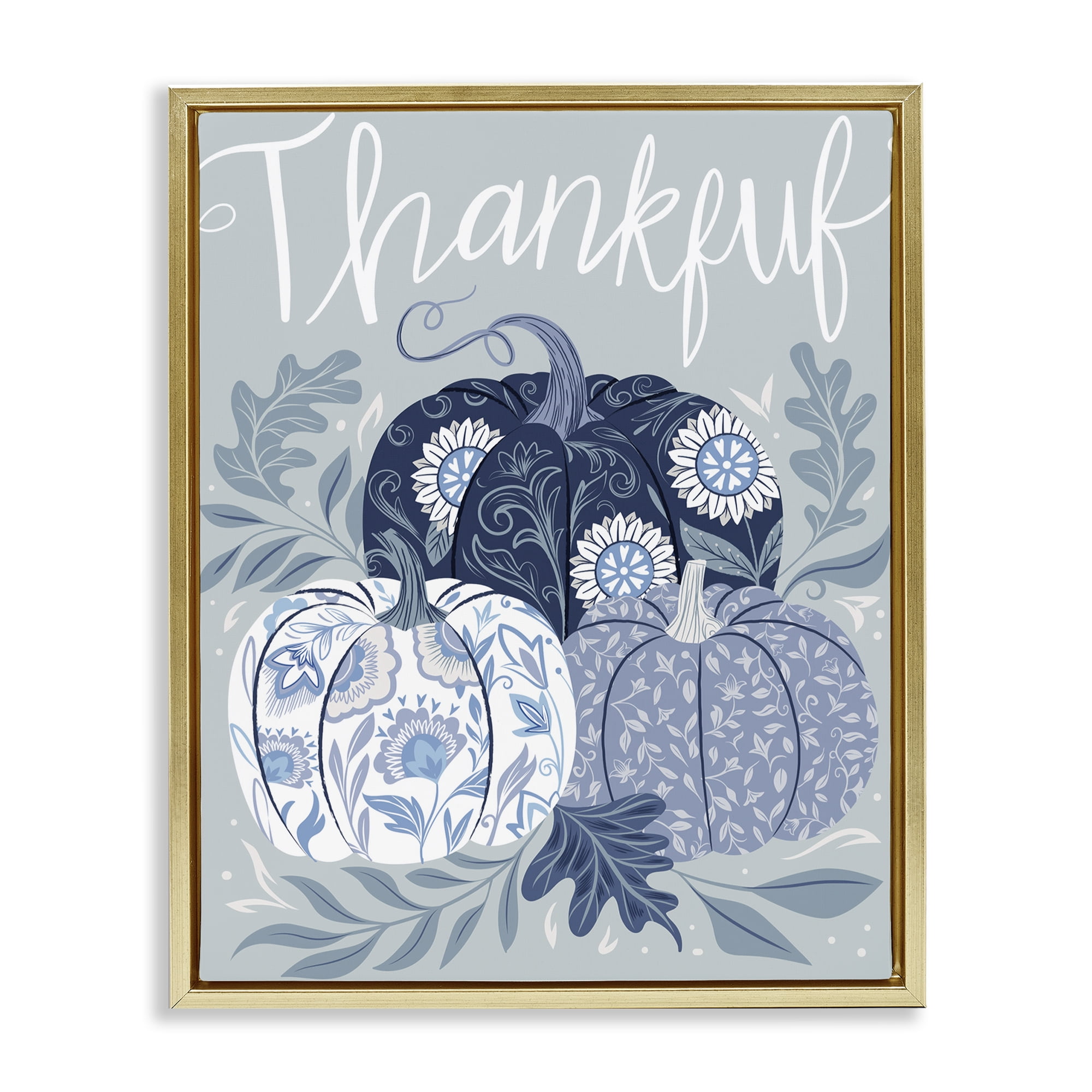 Stupell Industries Thankful Ornate Floral Pumpkins Plants & Flowers Painting Gold Floater Framed Canvas Art Print Wall Art, 25 x 31