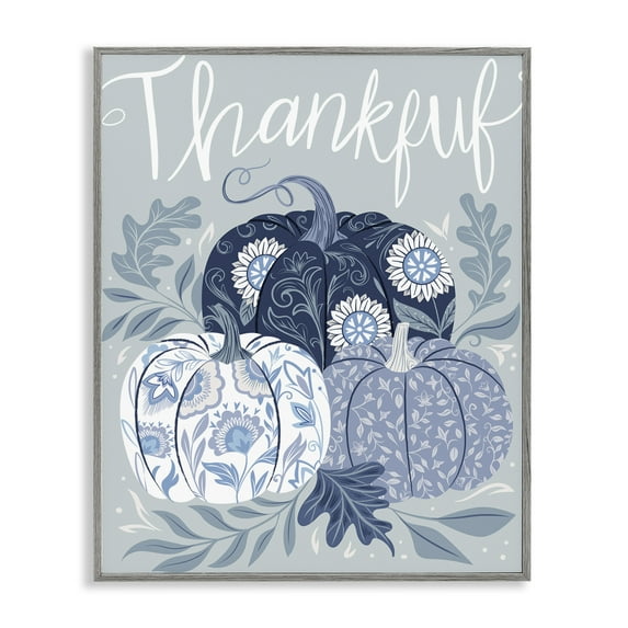 Stupell Industries Thankful Ornate Floral Pumpkins Plants & Flowers Painting Gray Framed Art Print Wall Art, 11 x 14