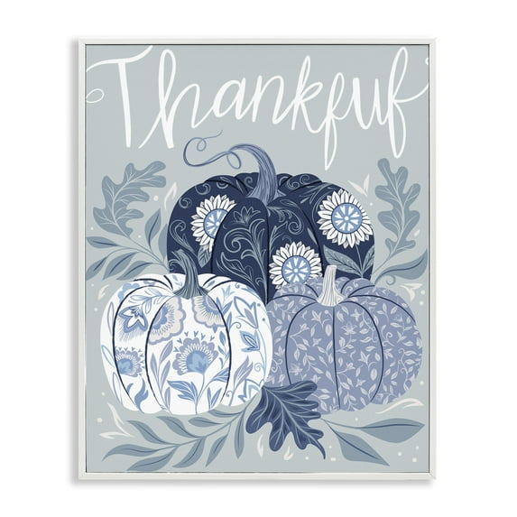 Stupell Industries Thankful Ornate Floral Pumpkins Plants & Flowers Painting White Framed Art Print Wall Art, 11 x 14